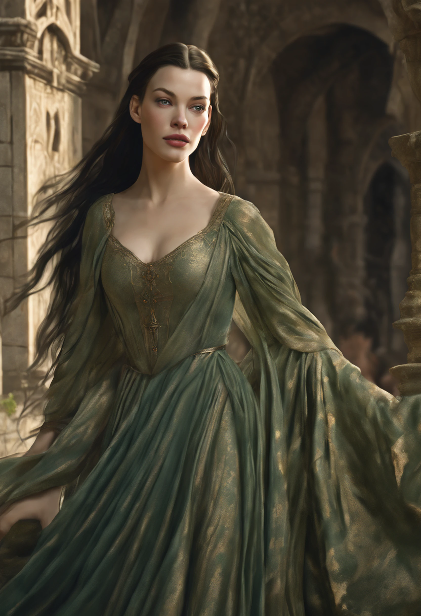 ((Liv Tyler), (Arwen)), estilo modelshoot, Parece Keira Knightley, (extremamente detalhado CG unidade 8k papel de parede), foto corporal completa da obra de arte mais bonita do mundo, Bruxa medieval inglesa, Vale Verde, pearl skin,coroa de ouro, ouros, Plano de fundo detalhado com arquitetura medieval, professional majestic oil painting by Ed Blinkey, Atey Ghailan, ghibli studio, Directed by: Jeremy Mann, Greg Manxadinho, Antonio Moro, trending on ArtStation, trending in cgsociety, intrincado, High detail, foco nítido, Dramatic, Arte de pintura fotorrealista de Midjourney e Greg Rutkowski
