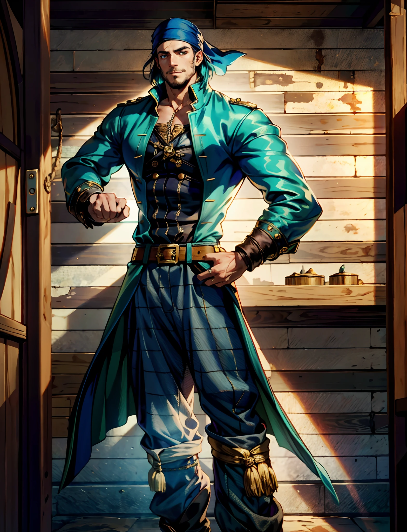 A man with short aqua-blue hair, wearing a headscarf, a fearless gaze, a playful smile, a confident demeanor, he has distinct facial features, he wears a two-piece fantasy pirate outfit, wears a black tight-fitting shirt underneath, a loose sky-blue coat over it, a ghostly face emblem belt, loose fabric pants, stands within a bustling fantasy medieval tavern, this character embodies a finely crafted fantasy-style pirate in anime style, characterized by an exquisite and mature manga illustration art style, high definition, best quality, highres, ultra-detailed, ultra-fine painting, extremely delicate, professional, anatomically correct, symmetrical face, extremely detailed eyes and face, high quality eyes, creativity, RAW photo, UHD, 8k, Natural light, cinematic lighting, masterpiece:1.5