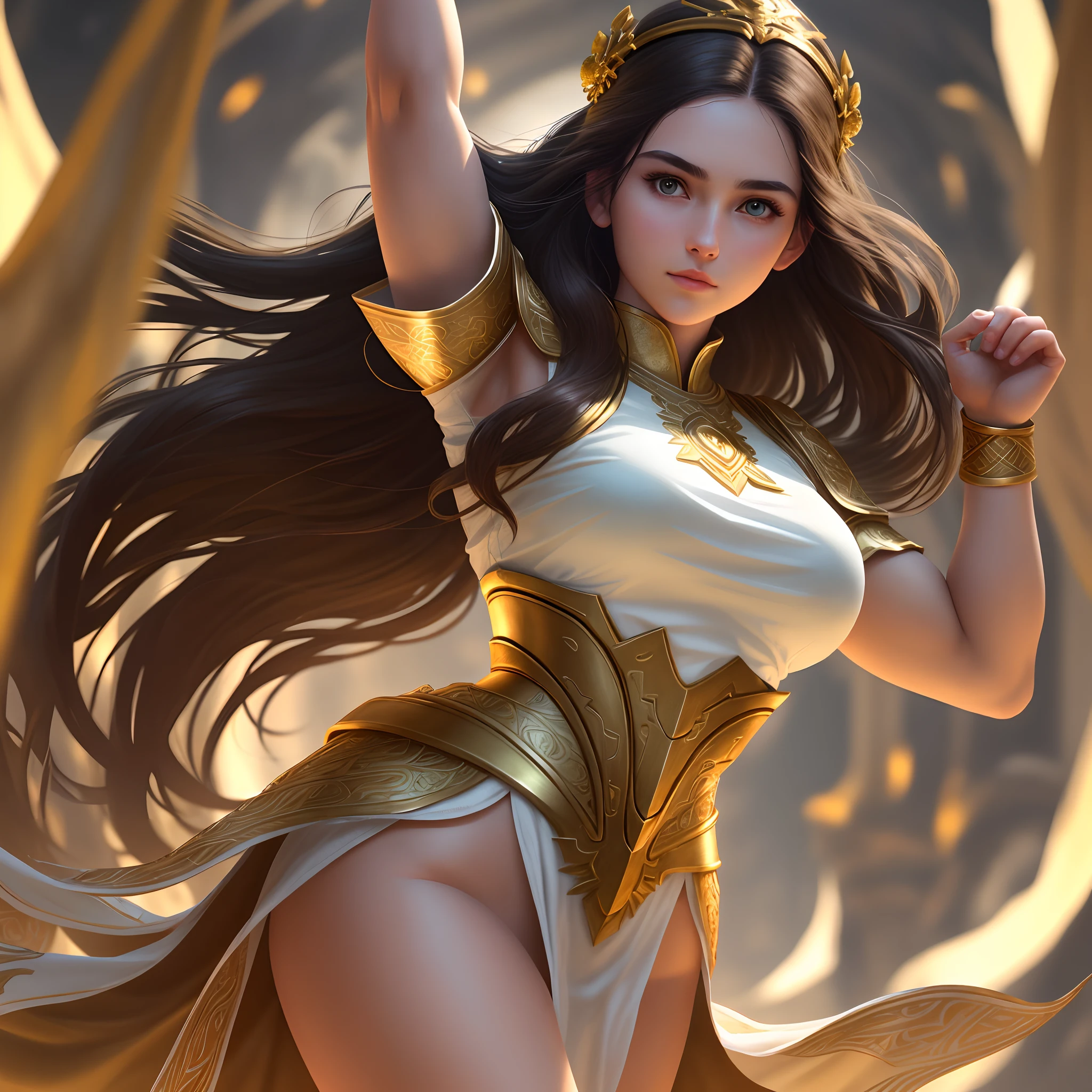 beautiful girl, white skin, subtle makeup, golden hour, dark brown hair, looking forward, realistic photo, high contrast, 8k HD, detailed, hyper-detailed, realistic skin texture, large body, 100 cm large waist, long hair, medium chest best quality, ultra high, raw photo, dramatic lighting, unreal engine, intricate diffuse glow golden tunic, illuminated greek scenery,  perfectly detailed arms and hands, strong arms, epic