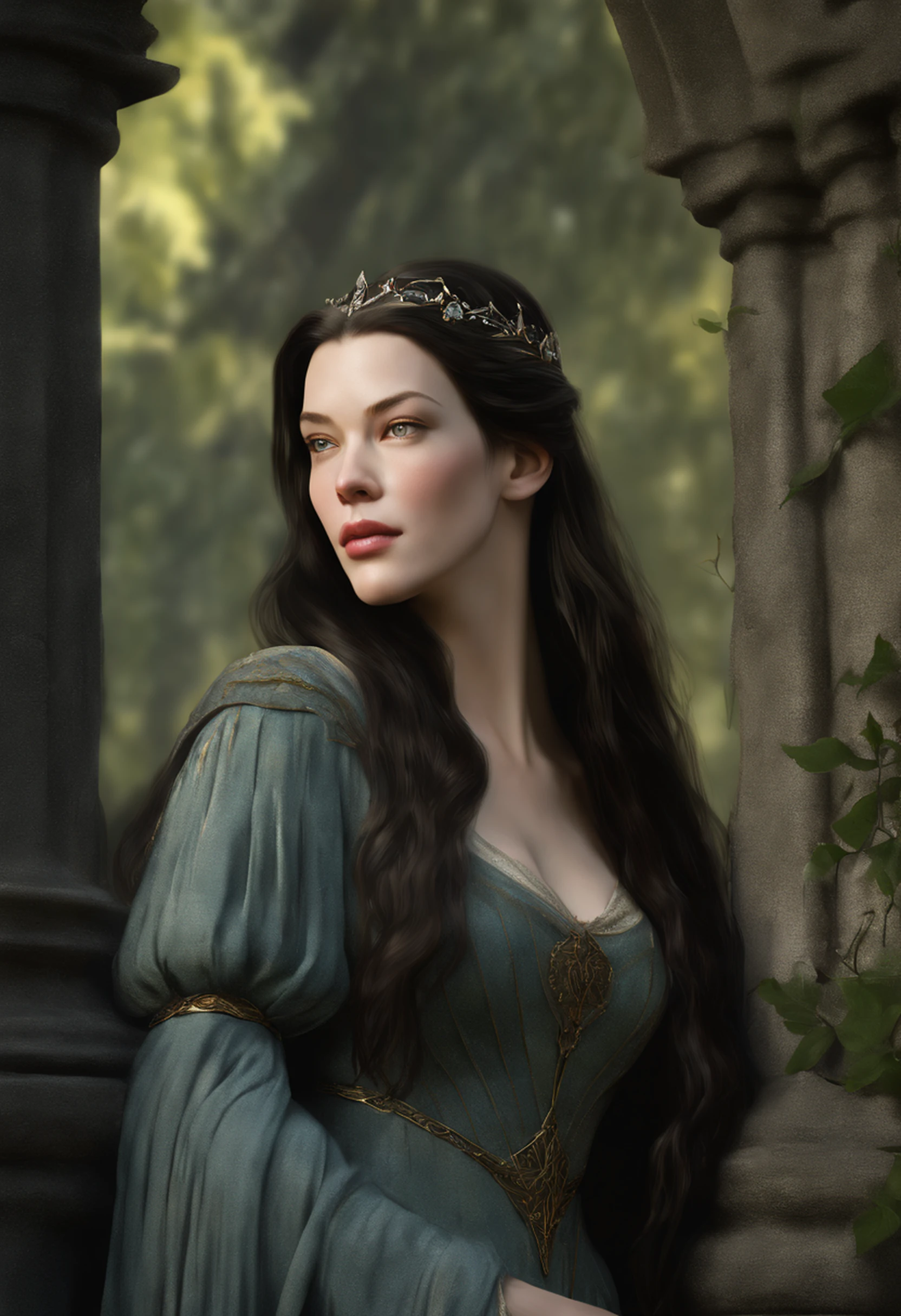 ((Liv Tyler), (Arwen)),  estilo modelshoot, Parece Keira Knightley, (extremamente detalhado CG unidade 8k papel de parede), foto corporal completa da obra de arte mais bonita do mundo, Bruxa medieval inglesa, Vale Verde, pearl skin,coroa de ouro, ouros, Plano de fundo detalhado com arquitetura medieval, professional majestic oil painting by Ed Blinkey, Atey Ghailan, ghibli studio, Directed by: Jeremy Mann, Greg Manxadinho, Antonio Moro, trending on ArtStation, trending in cgsociety, intrincado, High detail, foco nítido, Dramatic, Arte de pintura fotorrealista de Midjourney e Greg Rutkowski