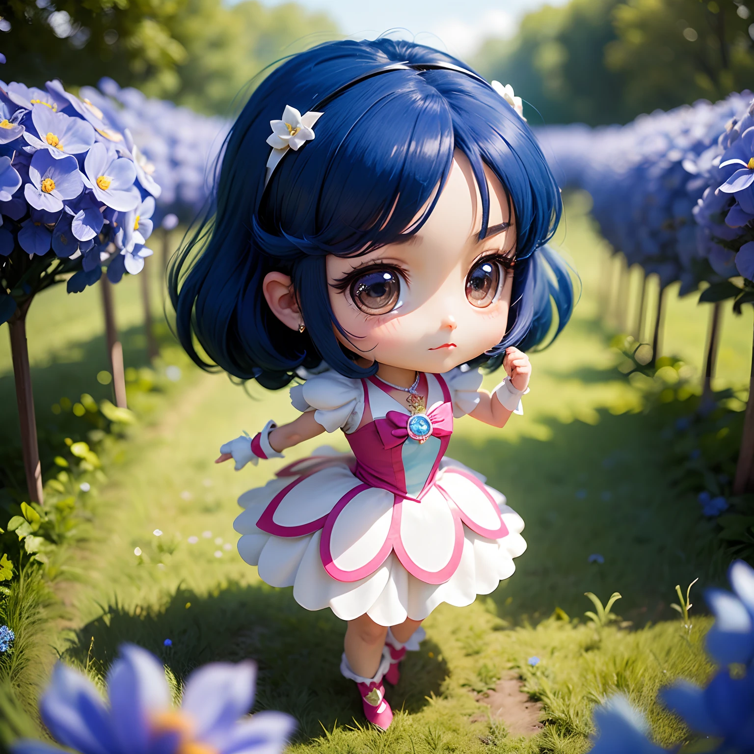 ​masterpiece、top-quality、ultra-detailliert、(Chibi Pretty Cure:1.2)、Princess cut with blue hair、wraith、the pose、Monet's Blue Flowers series wallpaper