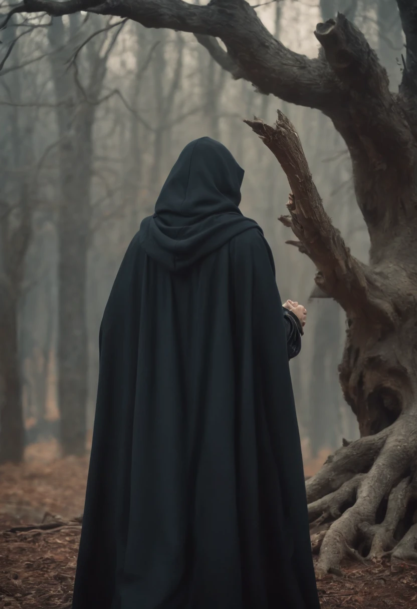 a majestic digital art, an evil mage in black cloak, medium dark hair, dead tree's as background, fantasy art, high quality