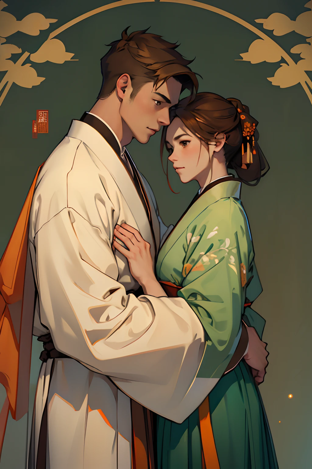 A boy and a girl, (lovers), masterpiece, 8k, high resolution, ultra details, professional lighting, green hakama, muscle young man, white and orange hanfu, brown hair male, brown hair brown eyes female, Chinese pattern background, gentle expression, wuxia