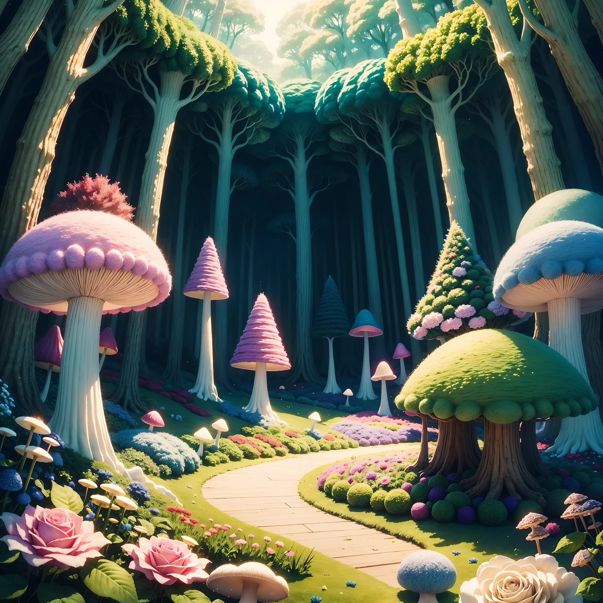 Wool felt animation,Dreamy Wonderland,an enchanted forest,Superb needlework details,Imaginative landscape,Soft touch,Knitted fabric makeover,Hand-dyed wool fibers,Rose garden,Lush greenery, Vibrant mushrooms, fresh flowers,Vibrant colors,The magical world of wool felt.