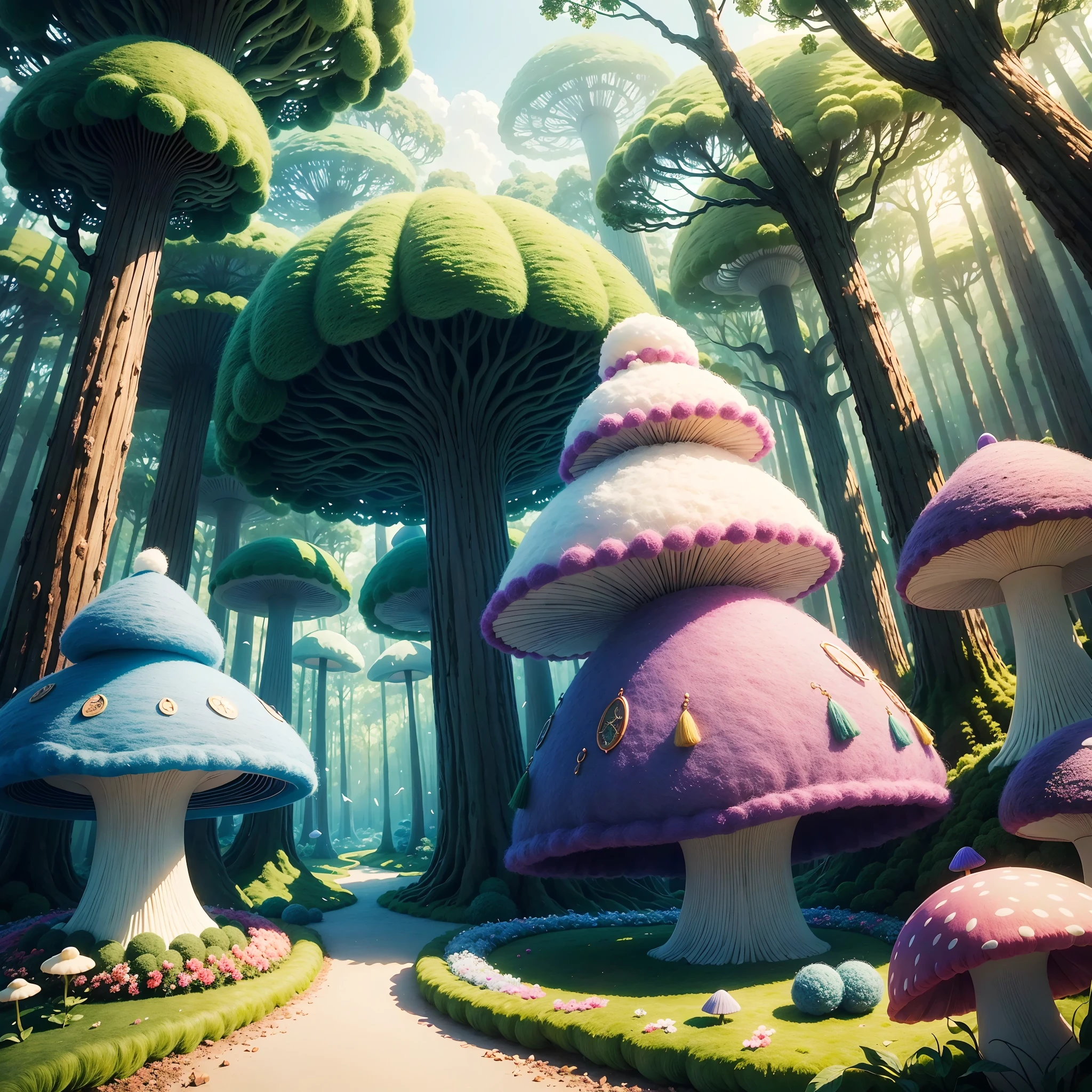 (Wool felt animation),Dreamy Wonderland,an enchanted forest,Superb needlework details,Imaginative landscape,Soft touch,Knitted fabric makeover,Hand-dyed wool fibers,Rose garden,Lush greenery, Vibrant mushrooms, fresh flowers,Vibrant colors,The magical world of wool felt.