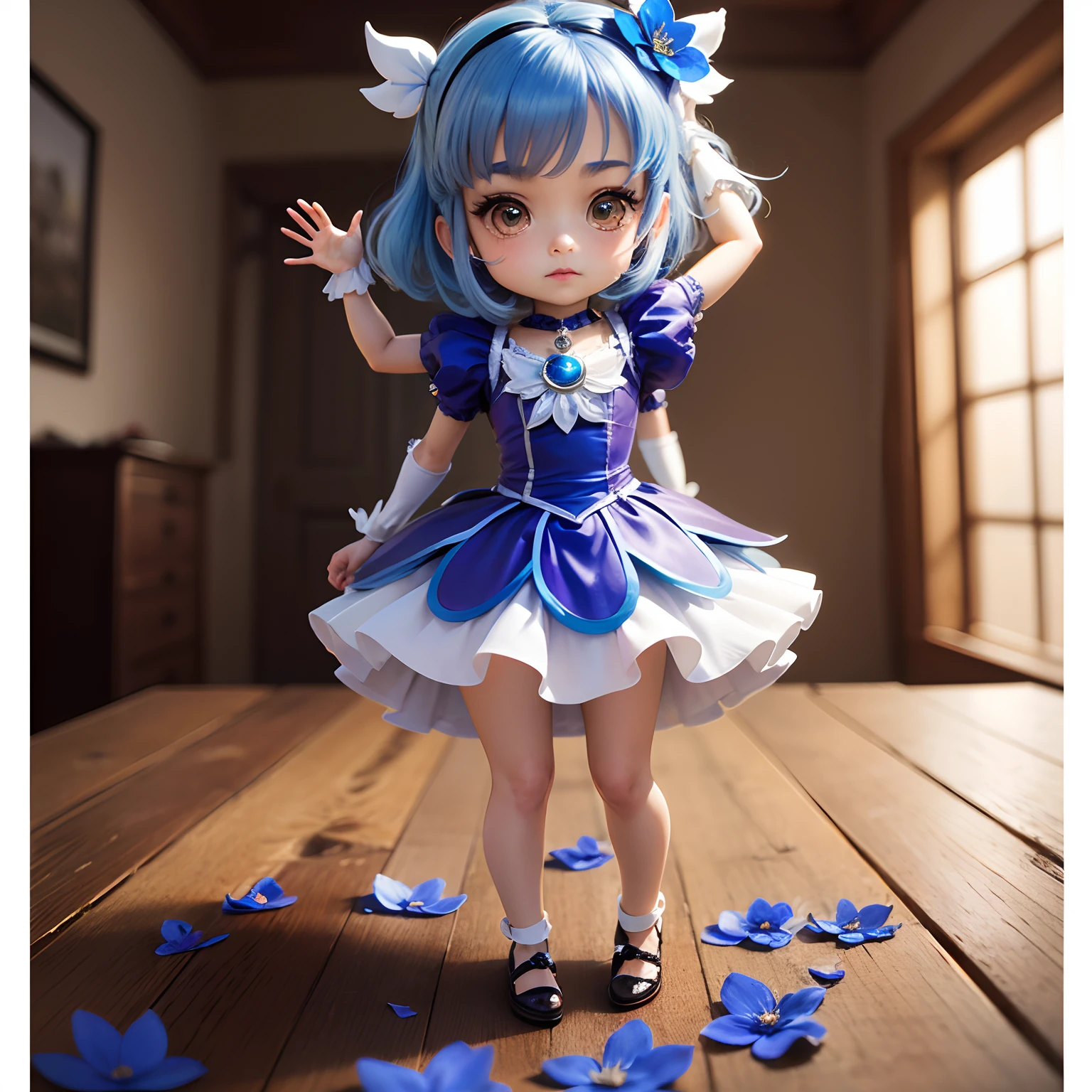 masterpiece、top-quality、ultra-detailliert、(Chibi Pretty Cure:1.2)、Princess cut with blue hair、wraith、the pose、Monet's Blue Flowers series wallpaper