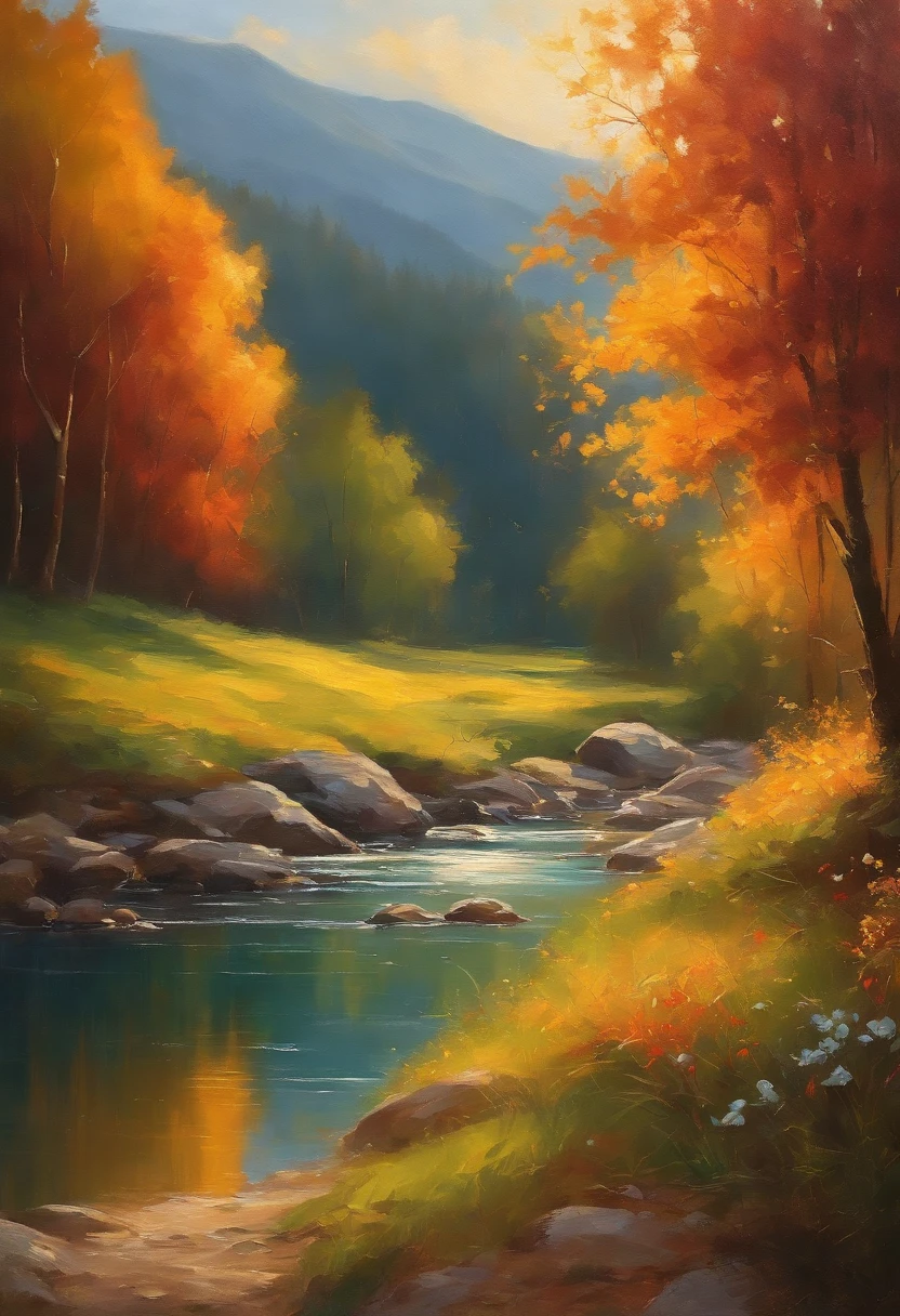 (bright colors,warm lighting,warm atmosphere,sunshine,cozy,pleasant vibes:1.1),figurative painting,beautiful sunlight,serene nature,warm landscape,tranquil scenery,harmonious composition,soft brushstrokes,rich textures,vivid colors,natural beauty,peaceful ambiance\