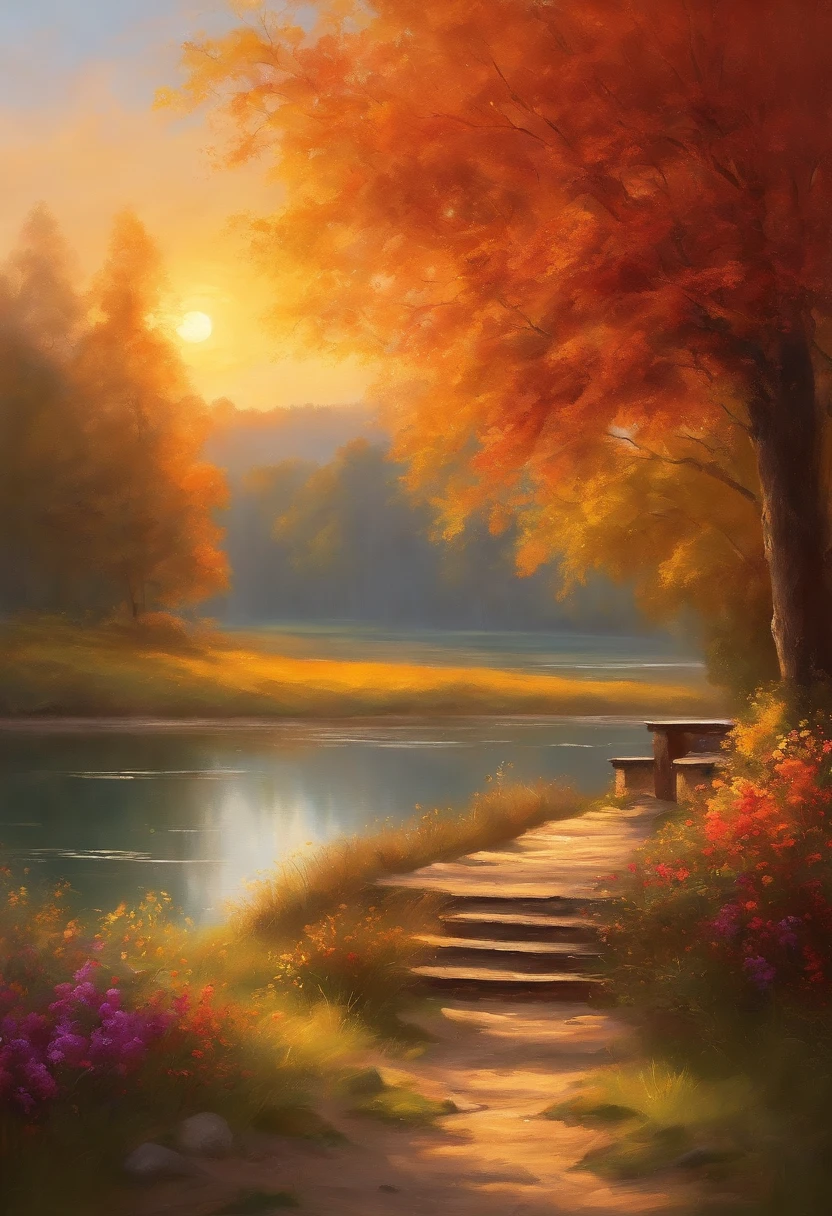 (bright colors,warm lighting,warm atmosphere,sunshine,cozy,pleasant vibes:1.1),figurative painting,beautiful sunlight,serene nature,warm landscape,tranquil scenery,harmonious composition,soft brushstrokes,rich textures,vivid colors,natural beauty,peaceful ambiance\