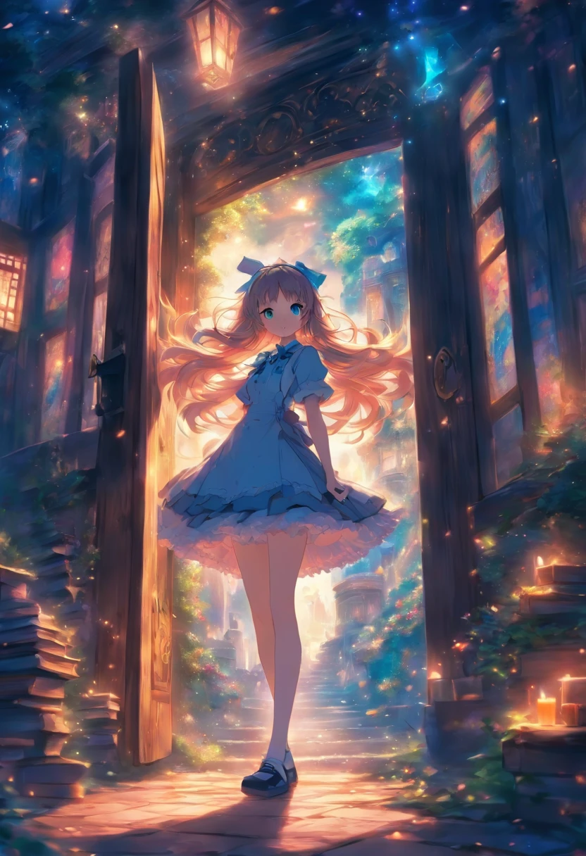 masterpiece, top quality, best quality, official art, beautiful and aesthetic, book door, book page is entrance, revealing a magical world within. An Alice-like girl, curious and adventurous, stands at the threshold, about to step into the narrative.