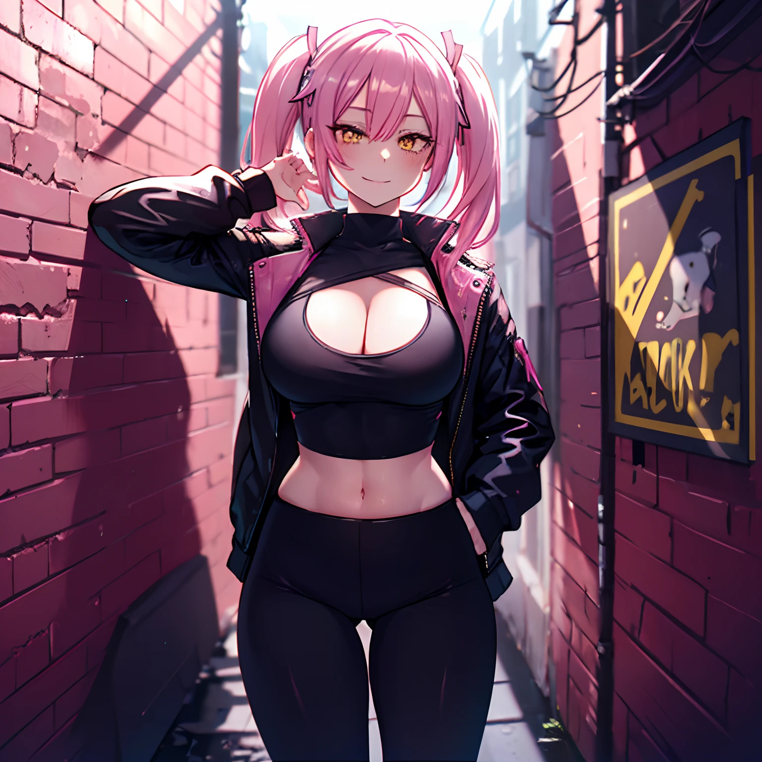 (master piece, best quality, 1 girl, alone, intricate details, chromatic aberration), realistic, yellow eyes, Twintails hair, long hair, pink hair, medium breast, medium ass, smile, Happy, Bobby pins, Choker, ultra detailed, 8K wallpaper, reflection light, Ray tracing, realistic BREAK, Choker, cleavage, cleavage cutout, turtleneck crop top, ripped leg outfit, hands in pockets, yoga pants, against the wall, wall bricks, graffiti, dim lighting, alley