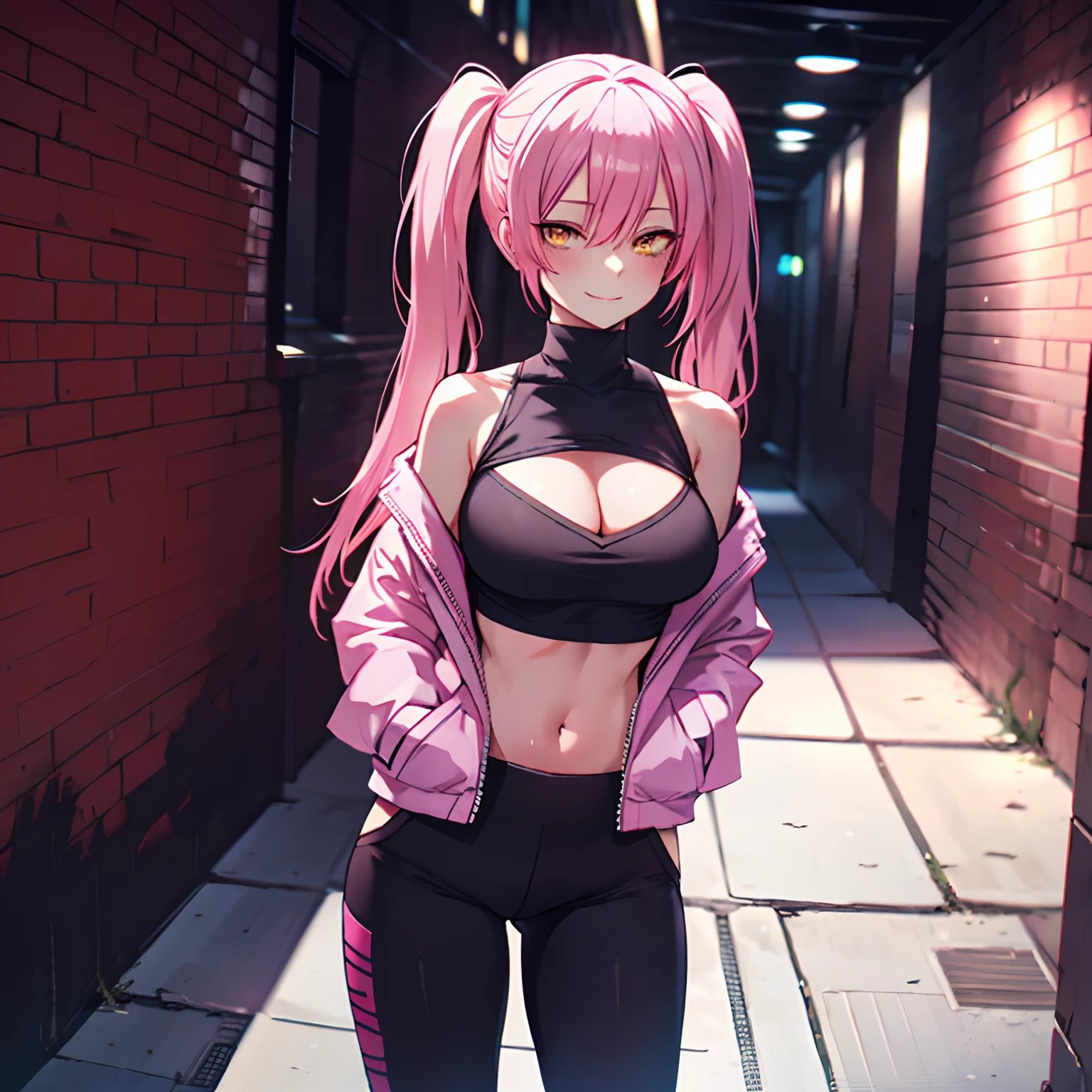 (master piece, best quality, 1 girl, alone, intricate details, chromatic aberration), realistic, yellow eyes, Twintails hair, long hair, pink hair, medium breast, medium ass, smile, Happy, Bobby pins, Choker, ultra detailed, 8K wallpaper, reflection light, Ray tracing, realistic BREAK, Choker, cleavage, cleavage cutout, turtleneck crop top, ripped leg outfit, hands in pockets, yoga pants, against the wall, wall bricks, graffiti, dim lighting, alley