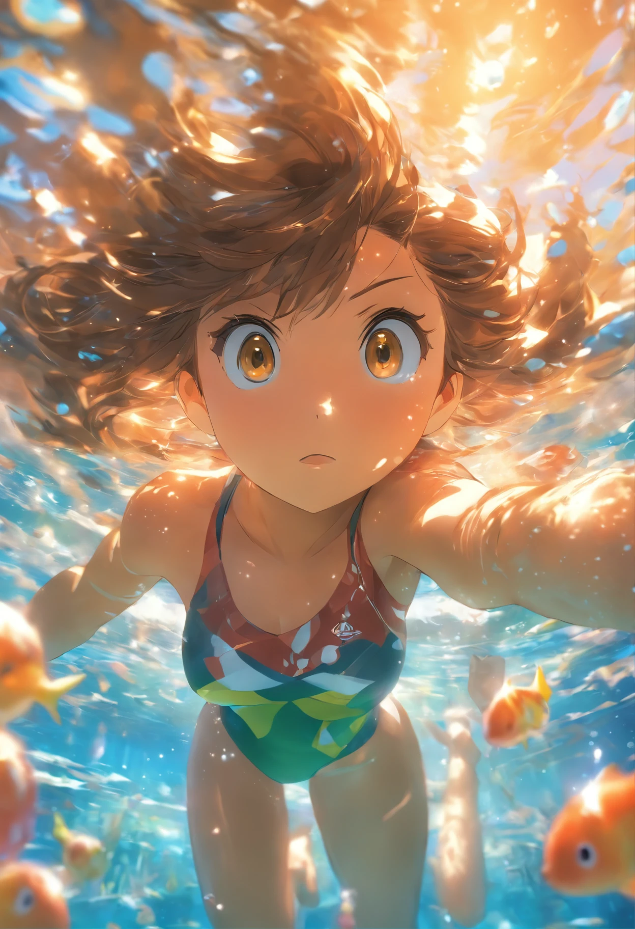 foreshortening, depth of field, masterpiece, best quality, 1girl, brown hair, brown eyes, long hair, underwater, air bubble, solo, looking at viewer, school swimsuit, swimming, dappled sunlight,
