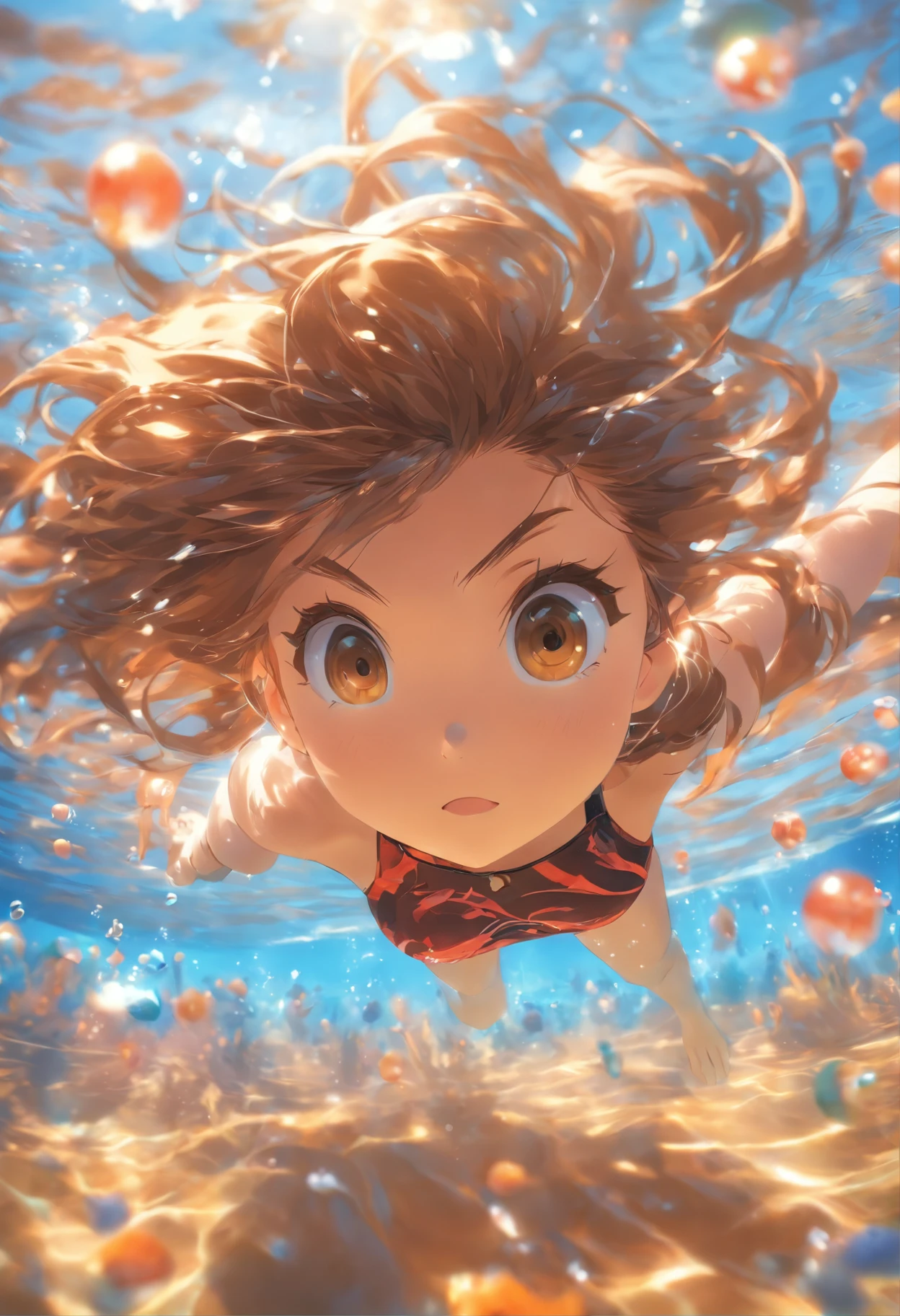 foreshortening, depth of field, masterpiece, best quality, 1girl, brown hair, brown eyes, long hair, underwater, air bubble, solo, looking at viewer, school swimsuit, swimming, dappled sunlight,