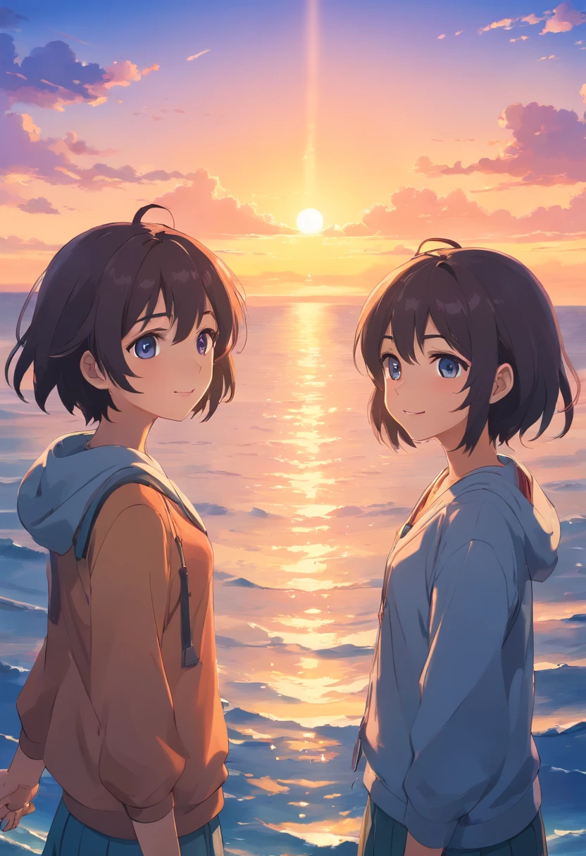 anime style, in the sky, over the sea, two eyes open, eyes detailed, in a sunset, smiling, masterpiece, 4k, detailed face, good anathomy, highlights,