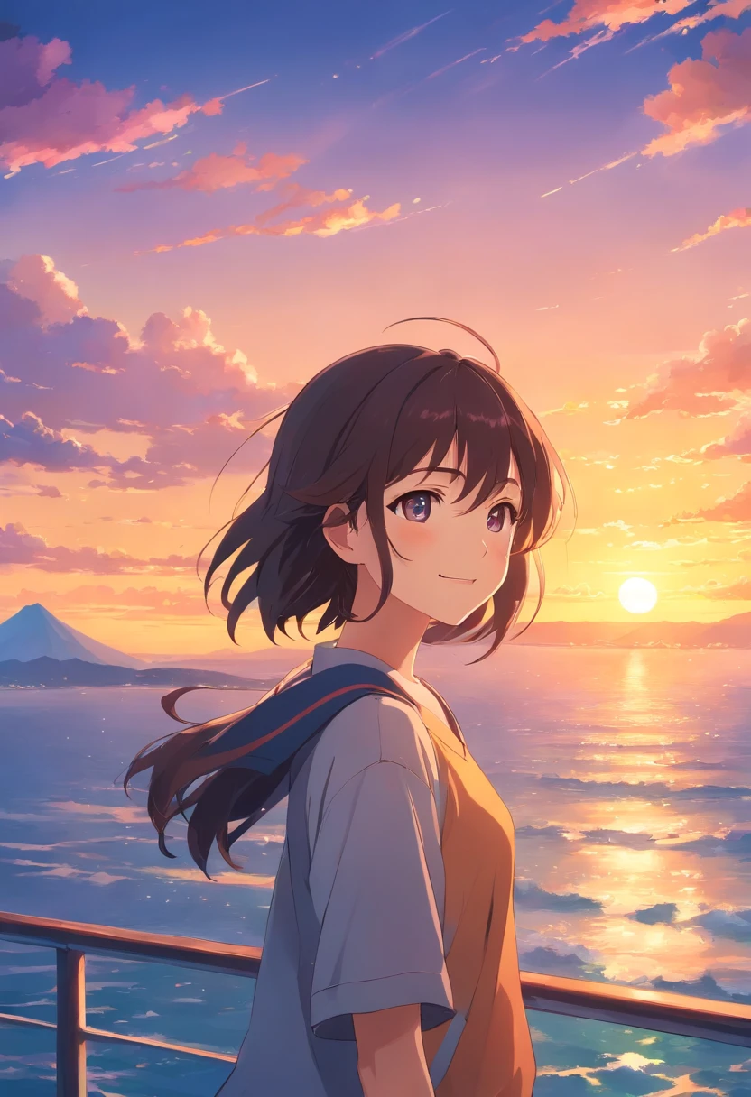 anime style, in the sky, over the sea, two eyes open, eyes detailed, in a sunset, smiling, masterpiece, 4k, detailed face, good anathomy, highlights,
