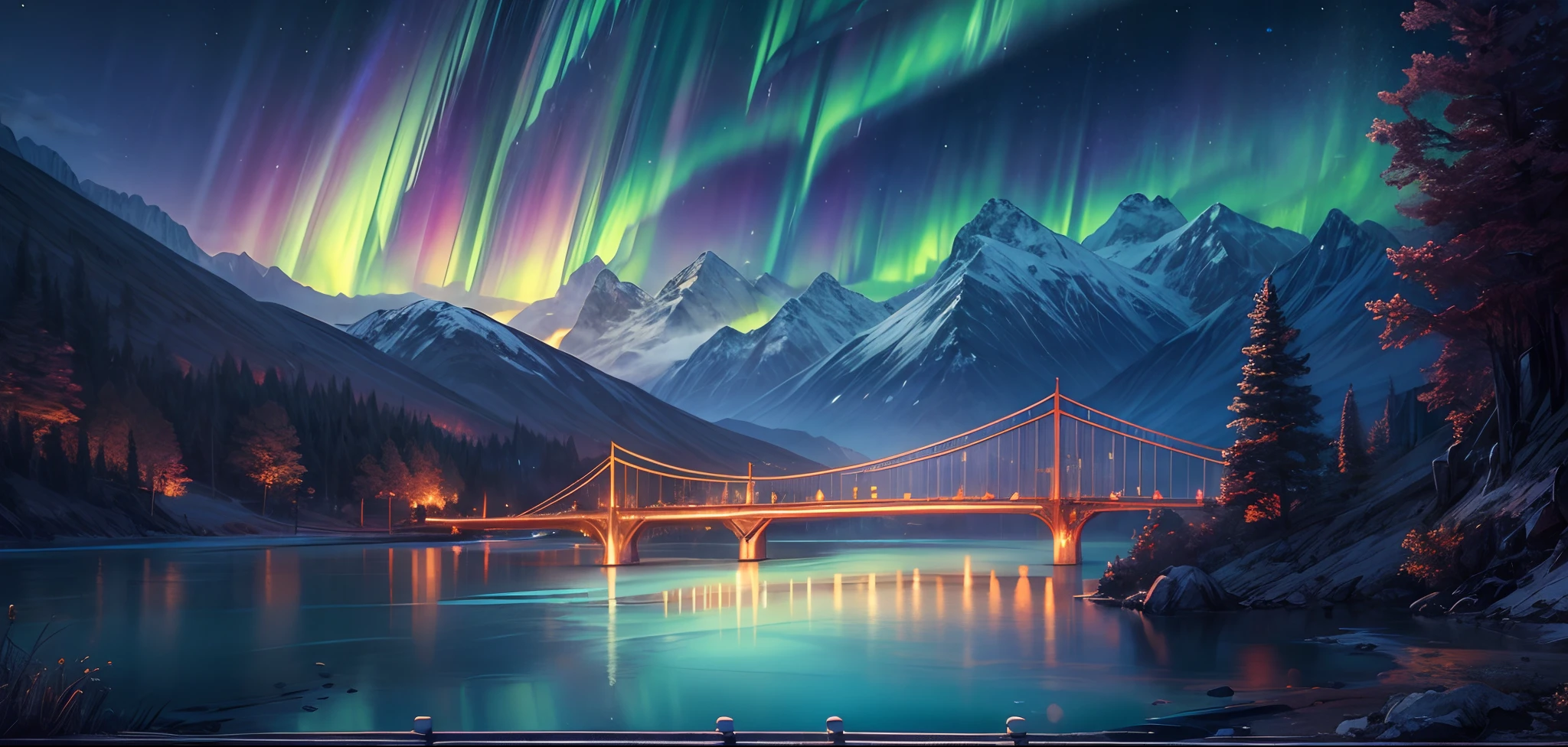 masterpiece, concept art, ultra-wide shot, Aurora, night sky, mountain lake, bridge, mythical, fantasy theme, vibrant color, volumetric lighting, global illumination, reflection, HD