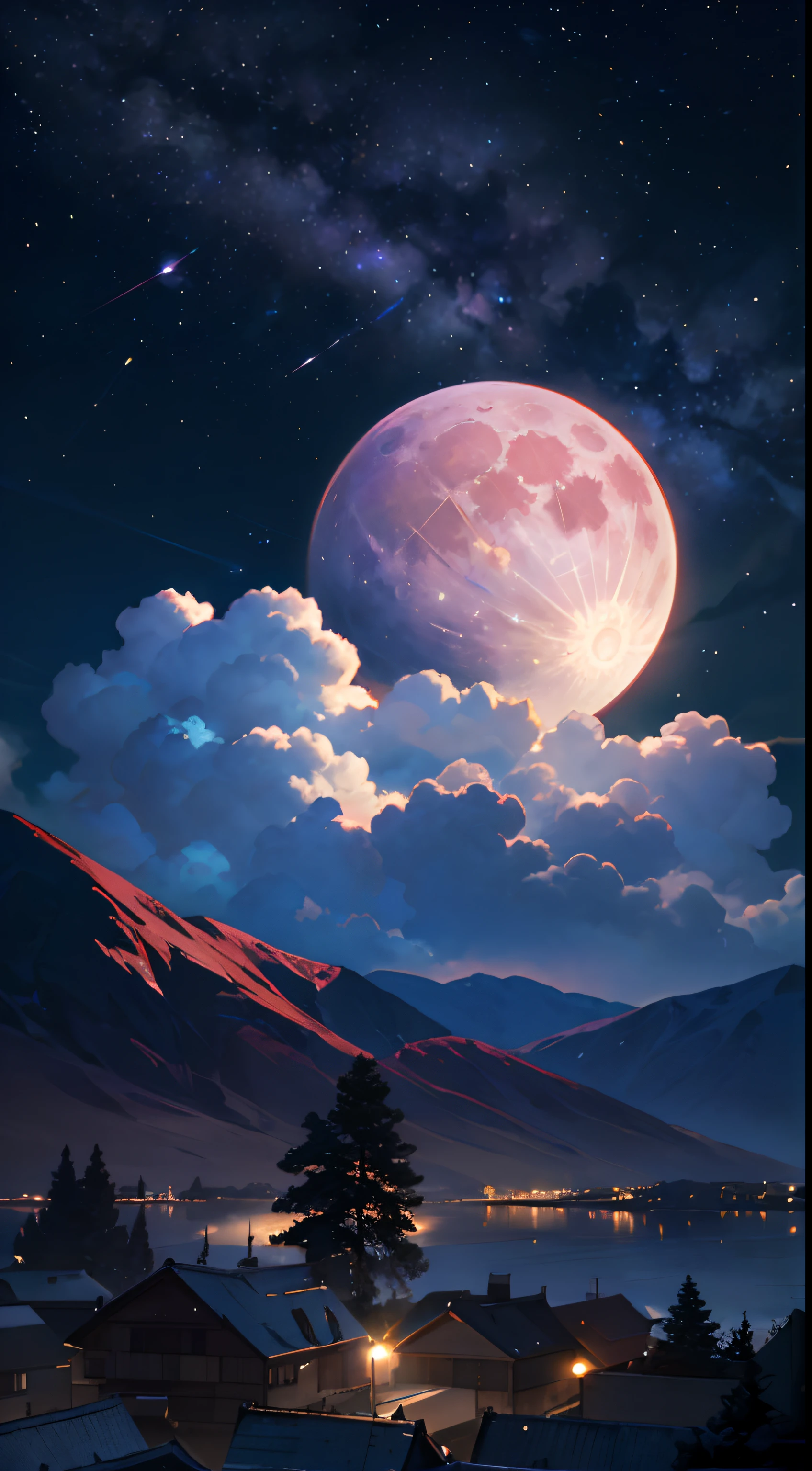 Vast landscape photos、(The sky is up as seen from below、The field is down)、(fullmoon:1.2)、(meteors:0.9)、(nebulas:1.3)、mountain in the distance々、The tree々 BREAK Craft Art、(warm light:1.2)、(fireflys:1.2)、A light、Lots of Purples and Oranges、intricate detailes、voluminous lighting、Realism BREAK(master piece: 1.2), (Top image quality), 4k, The ultra-detailliert, (dynamic compositions: 1.4), ighly detailed, Colorful Detail, (Rainbow Color: 1.2), (Glow Lighting, Atmosphere Lighting), dream-like, Magical, (独奏: 1.2)