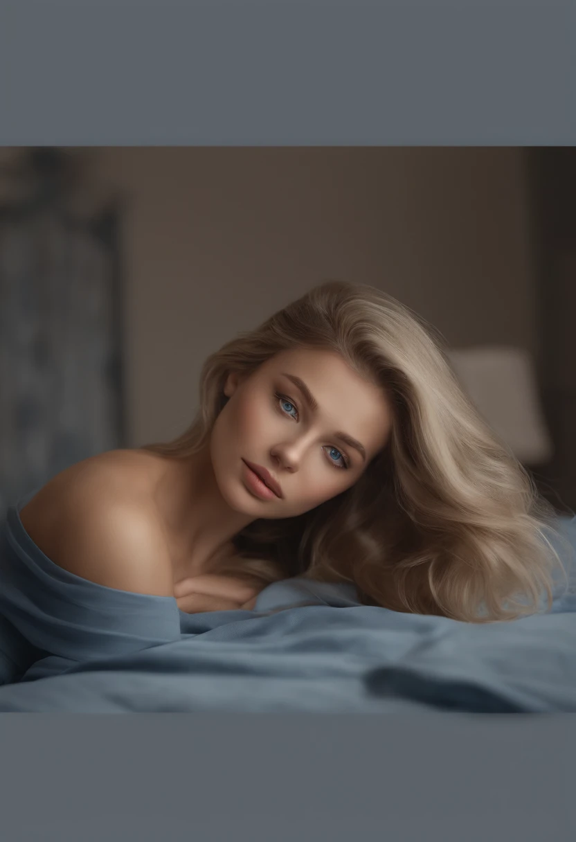 arafed woman fully , sexy girl with blue eyes, ultra realistic, meticulously detailed, portrait sophie mudd, blonde hair and large eyes, selfie of a young woman, bedroom eyes, without bra, without makeup, natural makeup, looking directly at the camera, face with artgram, subtle makeup, laying on bed, cold colors, medium to large size bust