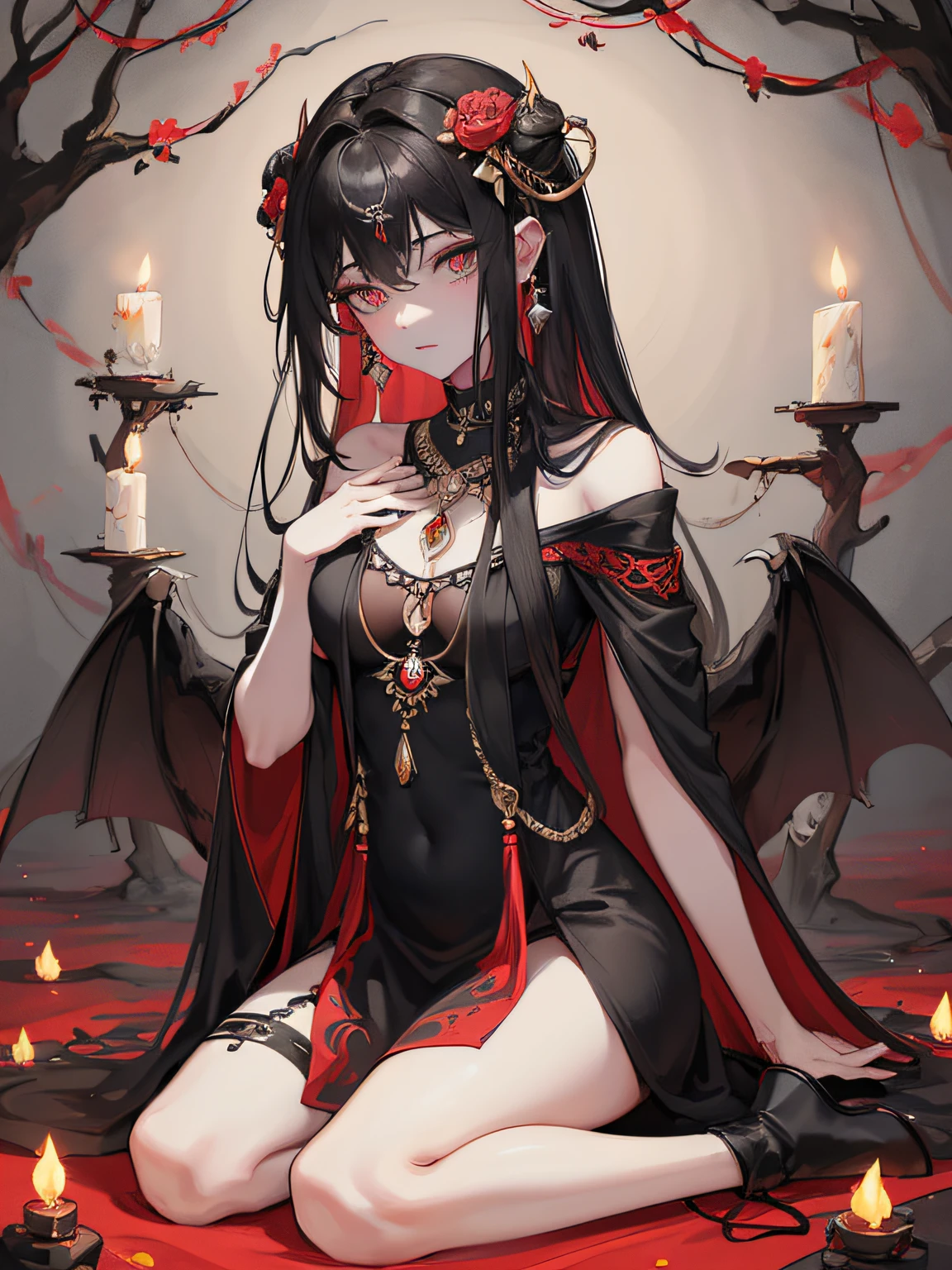 Best quality, Masterpiece, high resolution, 1 girl, Art illustration of ancient demon goddess (flod) From ancient Indian Hindu mythology, Meditate in the dark forest under the trees, waxy candles, Multiple hands, Deep meditation postures, Swirling black pellets, Dark aura, Splashing red liquid, Dark theme, Long black hair, Demon aura, Sinister existence, Beautiful and scary, Black tattered long dress, high heels boots, Hair accessories, necklace, jewelry, (delicate beautiful delicate face, delicate beautiful delicate eyes, a face with perfect proportion, High detail skin, Delicate skin