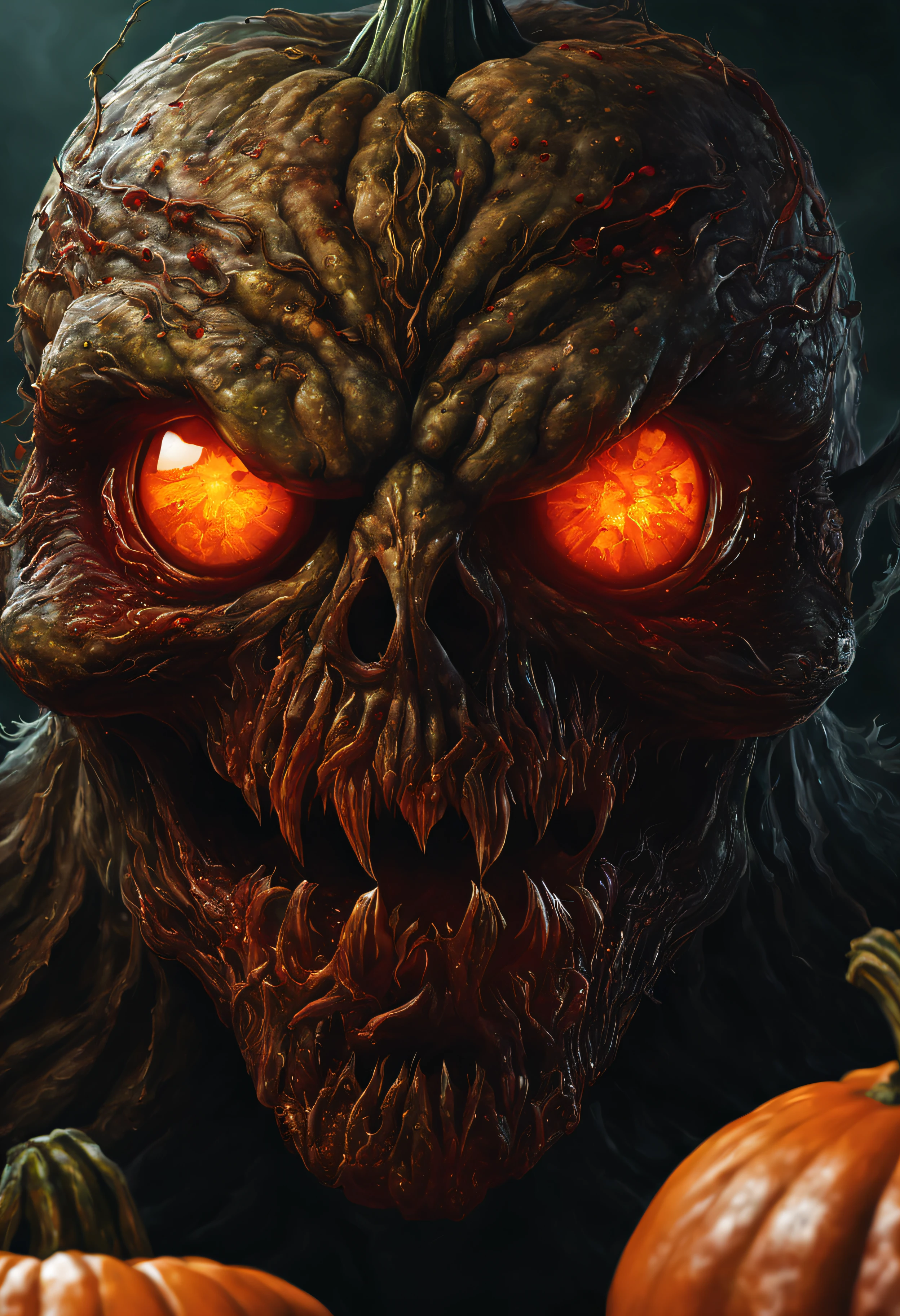 there is a creepy looking monster with glowing eyes and pumpkins, detailed 4k horror artwork, scary color art in 4 k, horror fantasy art, fantasy horror art, scary art, scary detailed art in color, horror surreal art, tomato monster, scary art in color, halloween art style, dark fantasy horror art, horror artwork, digital horror artwork, horror!! highly detailed