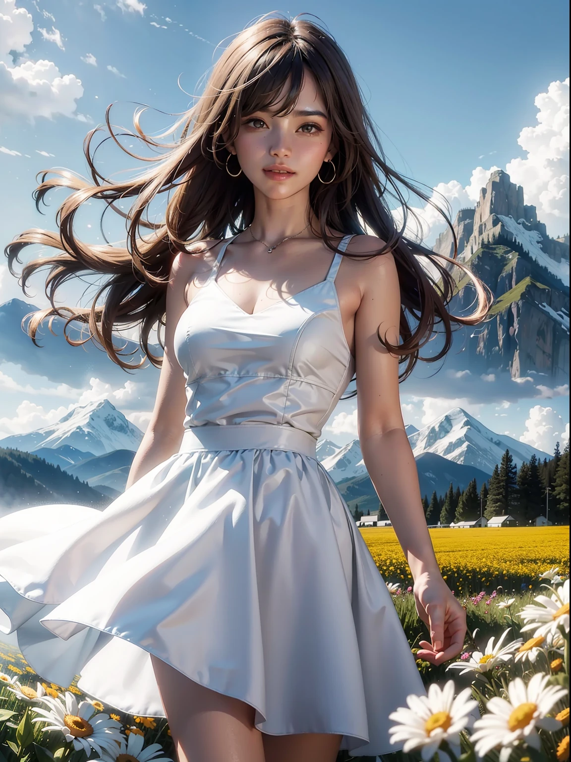 1girll，dynamic angle，pianos，Clouds and mountains，（flower  field：1.4）In the foreground，white dresses，Light tracing，（Floating colorful wind：1）
（realisticlying：1.4），offcial art，Unity 8k壁纸，ultra - detailed，Beautiful and beautiful，tmasterpiece，best qualityer，Glowing skin，cinmatic lighting，Light smile