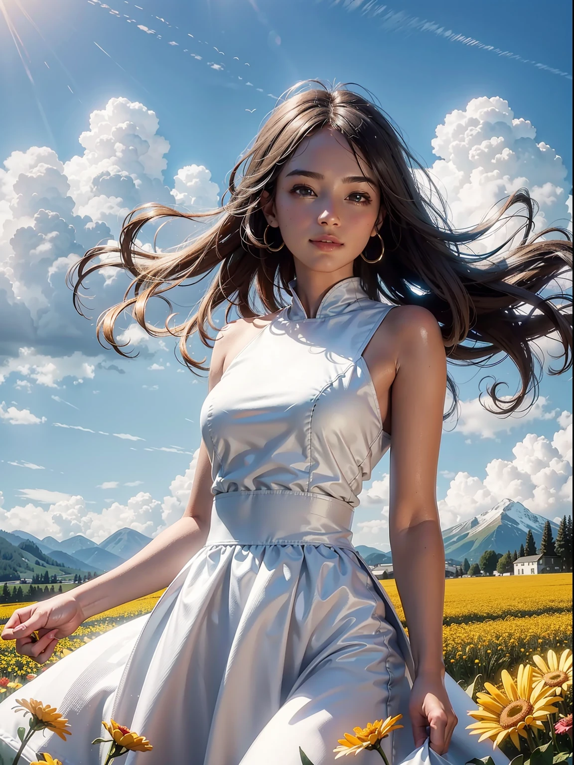 1girll,dynamic angle,pianos,Clouds and mountains,(flower field:1.4)In the foreground,white dresses,Light tracing,(Floating colorful wind:1)
(realisticlying:1.4),offcial art,Unity 8k壁纸,ultra - detailed,Beautiful and beautiful,tmasterpiece,best qualityer,Glowing skin,cinmatic lighting,Light smile