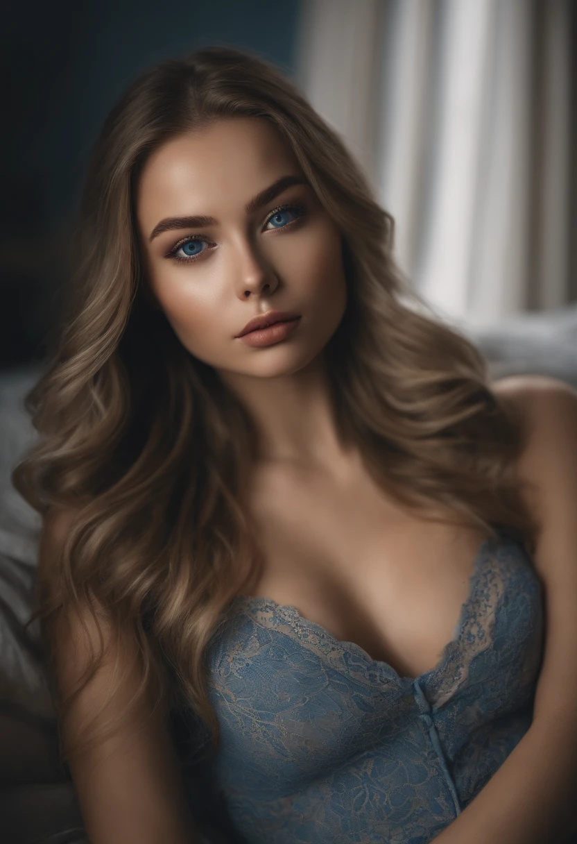 sexy girl with blue eyes, ultra realistic, meticulously detailed, portrait sophie mudd, blonde hair and large eyes, selfie of a young woman, topless, without makeup, natural makeup, looking directly at the camera, face with artgram, subtle makeup, laying on bed, cold colors,