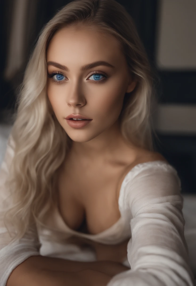 sexy girl with blue eyes, ultra realistic, meticulously detailed, portrait sophie mudd, blonde hair and large eyes, selfie of a young woman, topless, without makeup, natural makeup, looking directly at the camera, face with artgram, subtle makeup, laying on bed, cold colors,