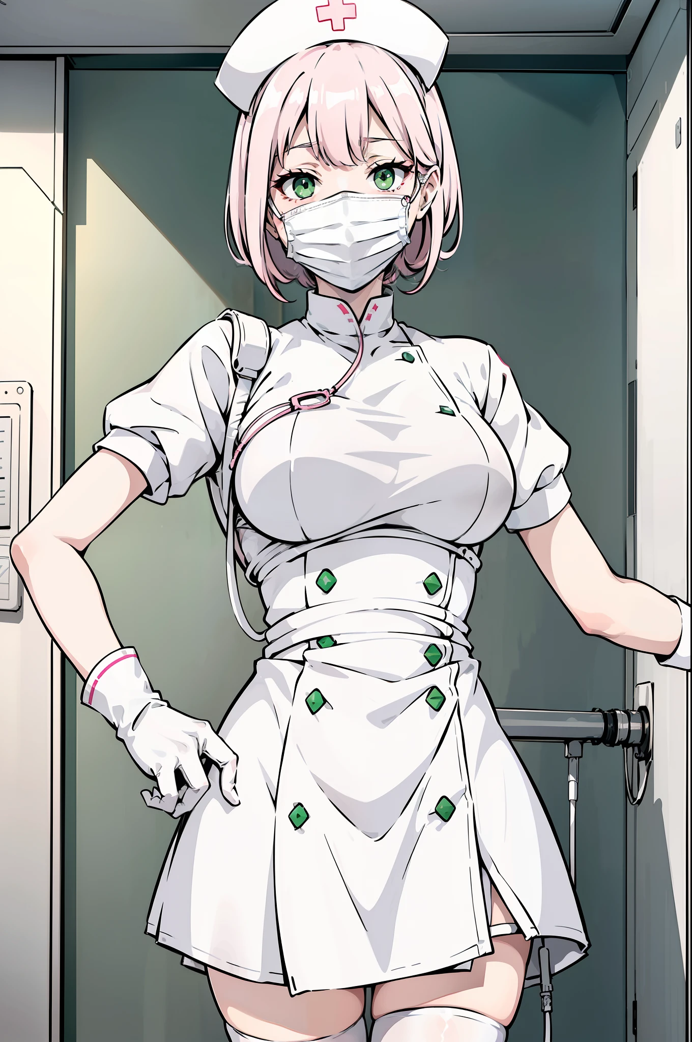 1womanl, Nurse, nurse hat, White wear, ((white legwear, zettai ryouiki)), White gloves, Drooping eyes, Green eyes, Pink hair, ((White surgical mask, Cover your nose)), standing, ((sickroom)), clear silhouette, Short sleeves, Mature female, 32 years old, Best quality, Masterpiece