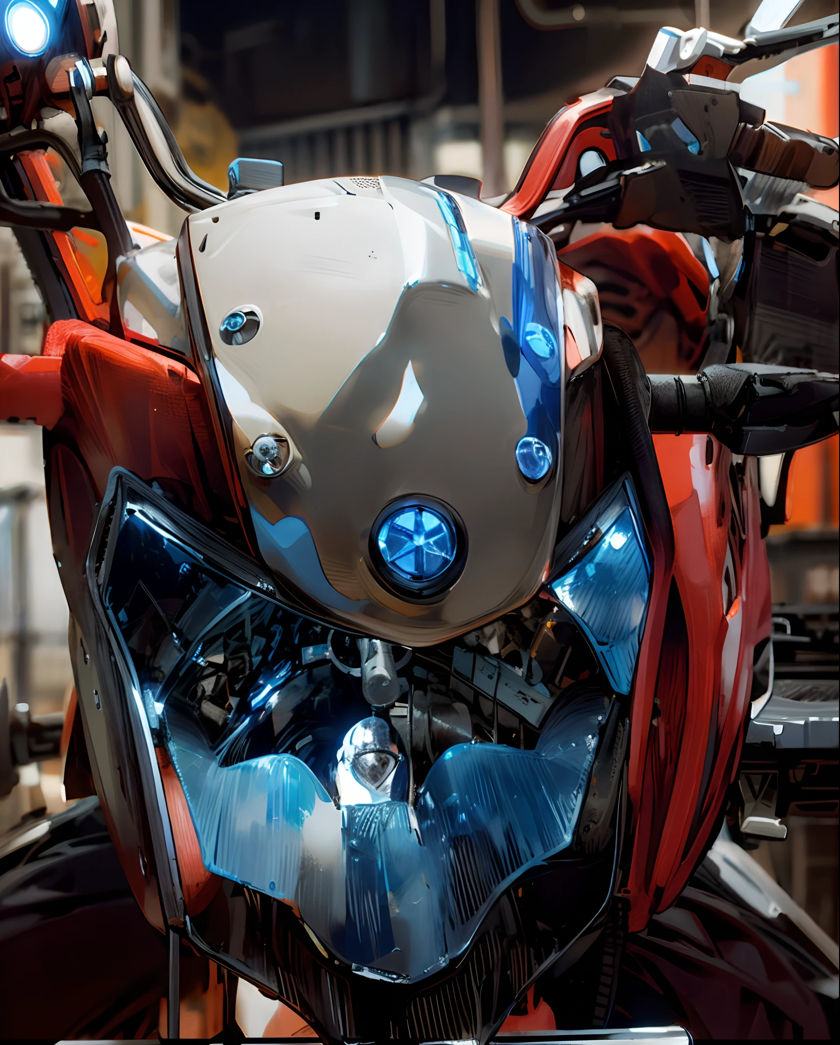 there is a close up of a motorcycle with a helmet on, front side view, helmet visor smashed, frontal shot, detailed image, front face, front-view, side front view, frontal view, front profile!!!!, frontal picture, horns with indicator lights, front side full, front face symmetrical, helm, front top side view, contrast side light, front flash, head lamp, head lamp motor cycle, blue, glossy metal