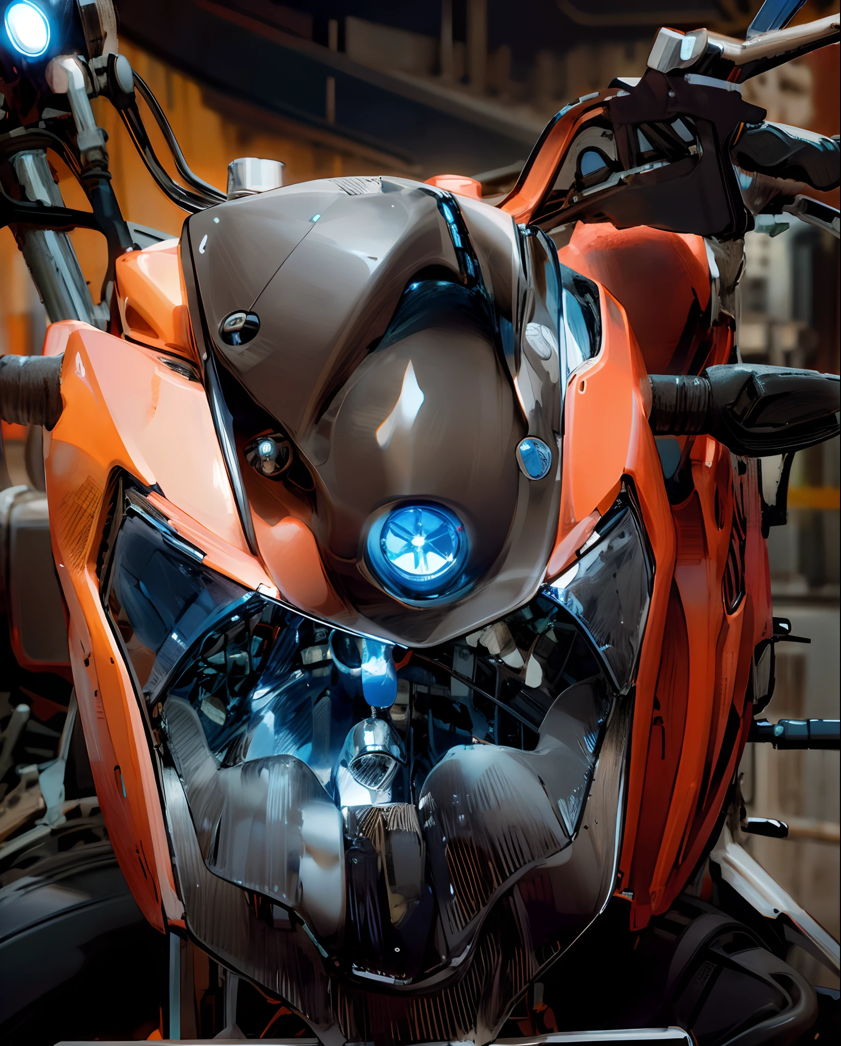 there is a close up of a motorcycle with a helmet on, front side view, helmet visor smashed, frontal shot, detailed image, front face, front-view, side front view, frontal view, front profile!!!!, frontal picture, horns with indicator lights, front side full, front face symmetrical, helm, front top side view, contrast side light, front flash, head lamp, head lamp motor cycle, blue, glossy metal
