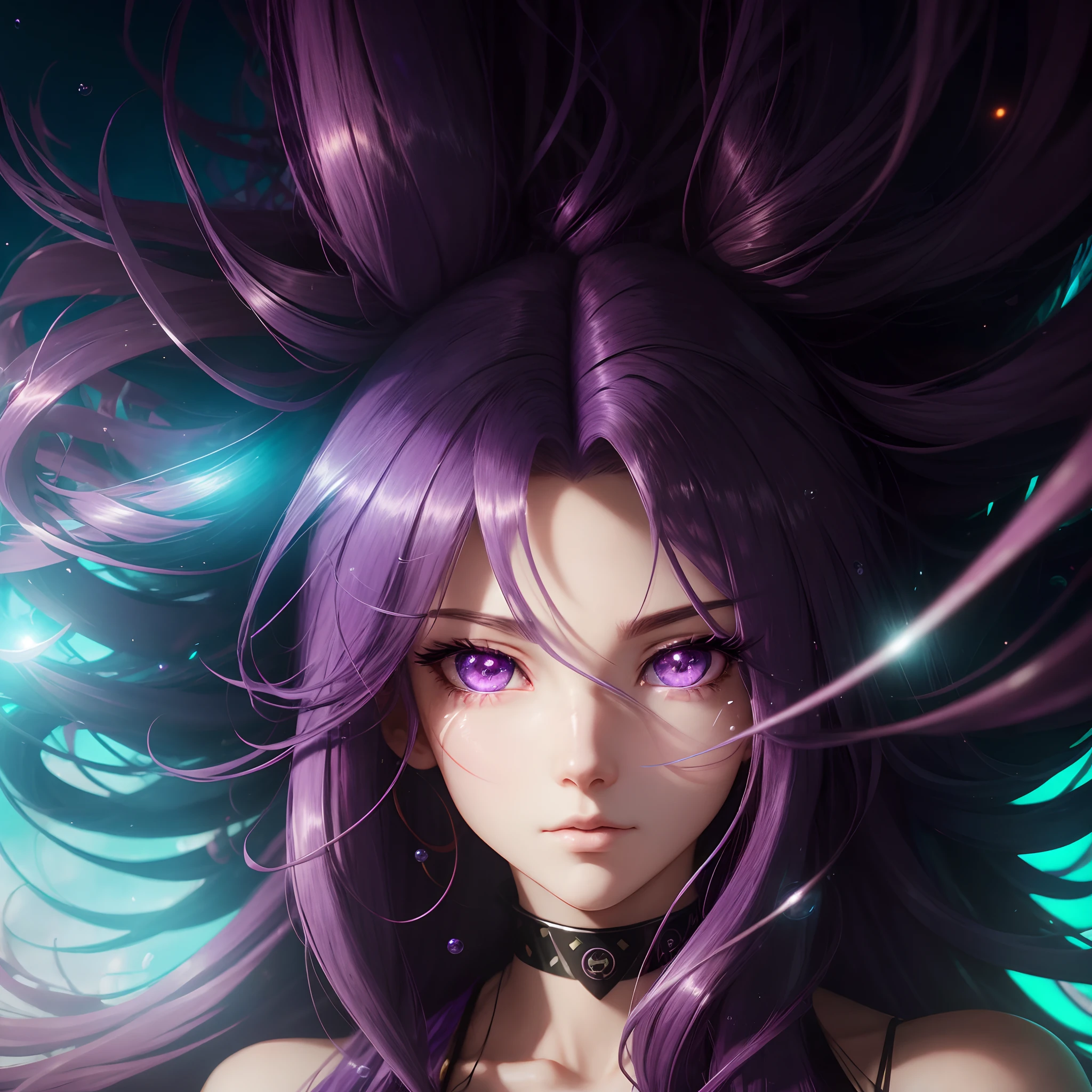 Long purple hair and some red, clear and clear eyes, Hair strands, wind blown hair, Moles in the left and right corners of the eyes, green pupils, Clean face, Chewing foam with bubble gum, Jellyfish-like eyes, Contact lenses with stars, high detailing, Anime, Modern, Anime style, Cinematic lighting, Ray tracing, close-up, high detailing, Top image quality, 8K
