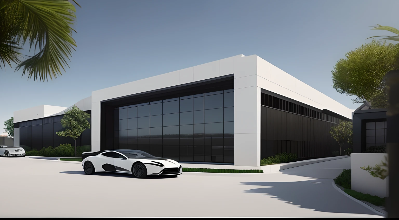 There is a car parked in a parking lot next to a building, exterior grande angular 2022, highly photographic render, architecture rendering, architectural render, photographic render, architectural visualisation, em data center realista, digital render, lumion rendering, architectural render, architectural visualisation, an award winning digital render, cgi render, realistic cgi render, realistic physics rendering