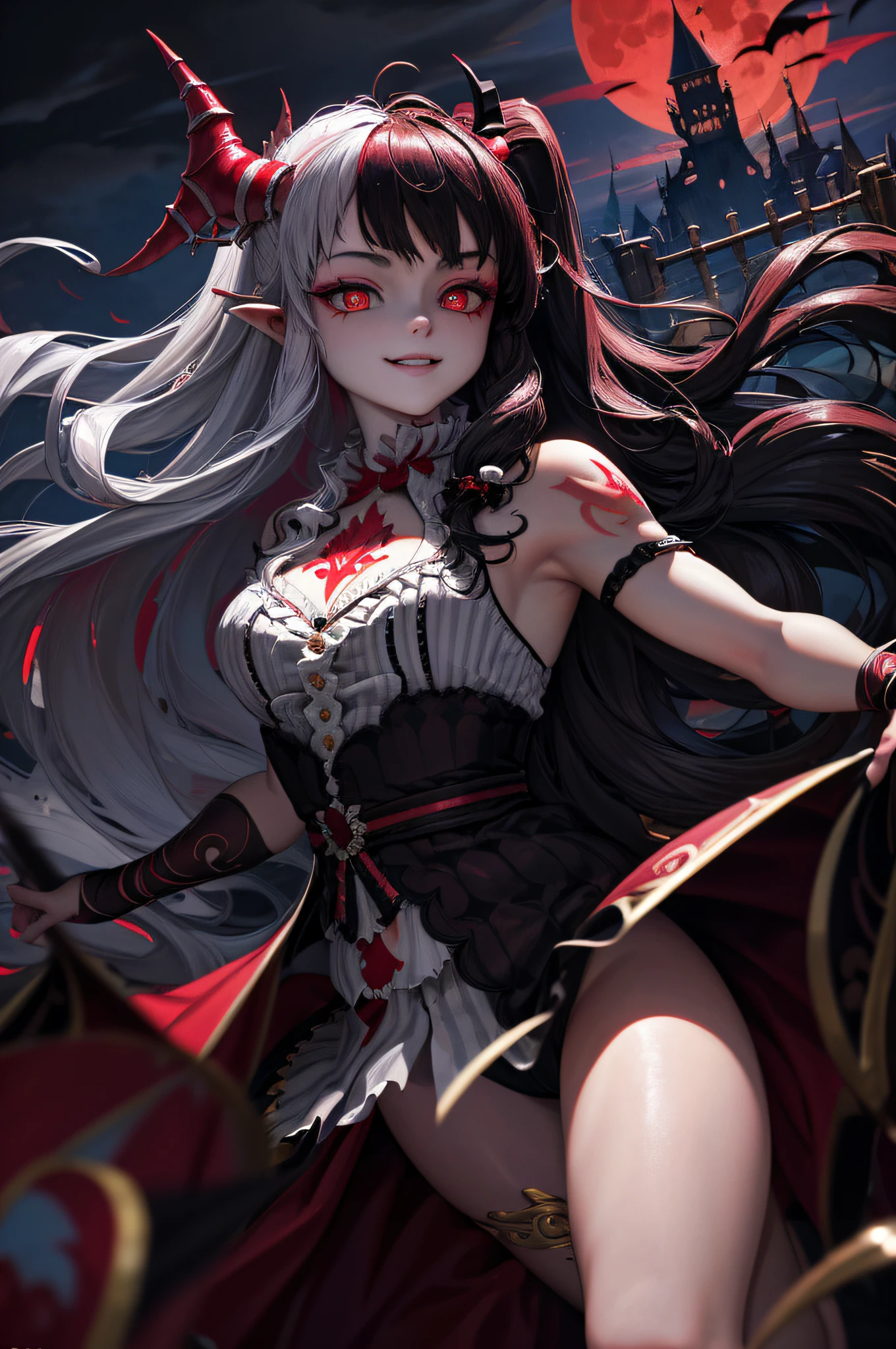 (Masterpiece: 1.2, Best Quality), (Best Lighting, Very Delicate and Beautiful), (Best Lighting, Very Delicate and Beautiful), (Beautiful Detailed Face), (Detailed Eyes and Detailed Face: 1.2), Dark Fantasy, (Young Girl, Little Beast, 1girl, Solo, Crazy Smile, Pale Skin,D Cup,Cleavage, ((Big tattoo with all over body)) gray hair, Red glowing eyes, Dynamic Angle, Vampire), (Get a vampire castle in the background), (Red Moon, Red Sky), pointy_ears, Fangs, Oni wings, Oni horns, Blood on the face, Blood Rain, Blood Mist, (Depth of Field), High Contrast, (Blood Splash: 1.4), Cowboy Shot, Full Body,