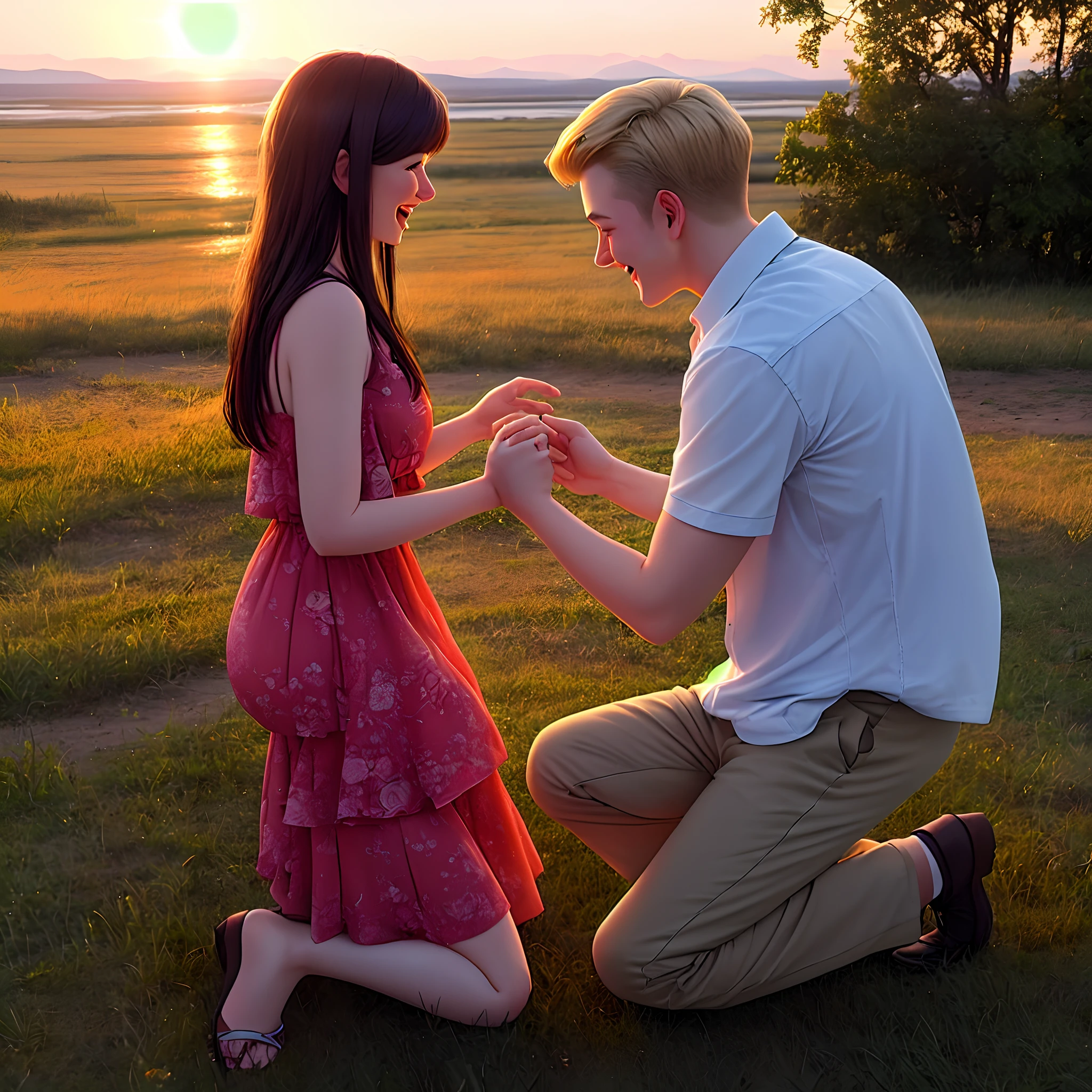 Beautiful Russian boy kneeling against the setting sun、Scene of proposing to a beautiful Russian woman。The woman is surprised and smiles with joy。Surrounded by light