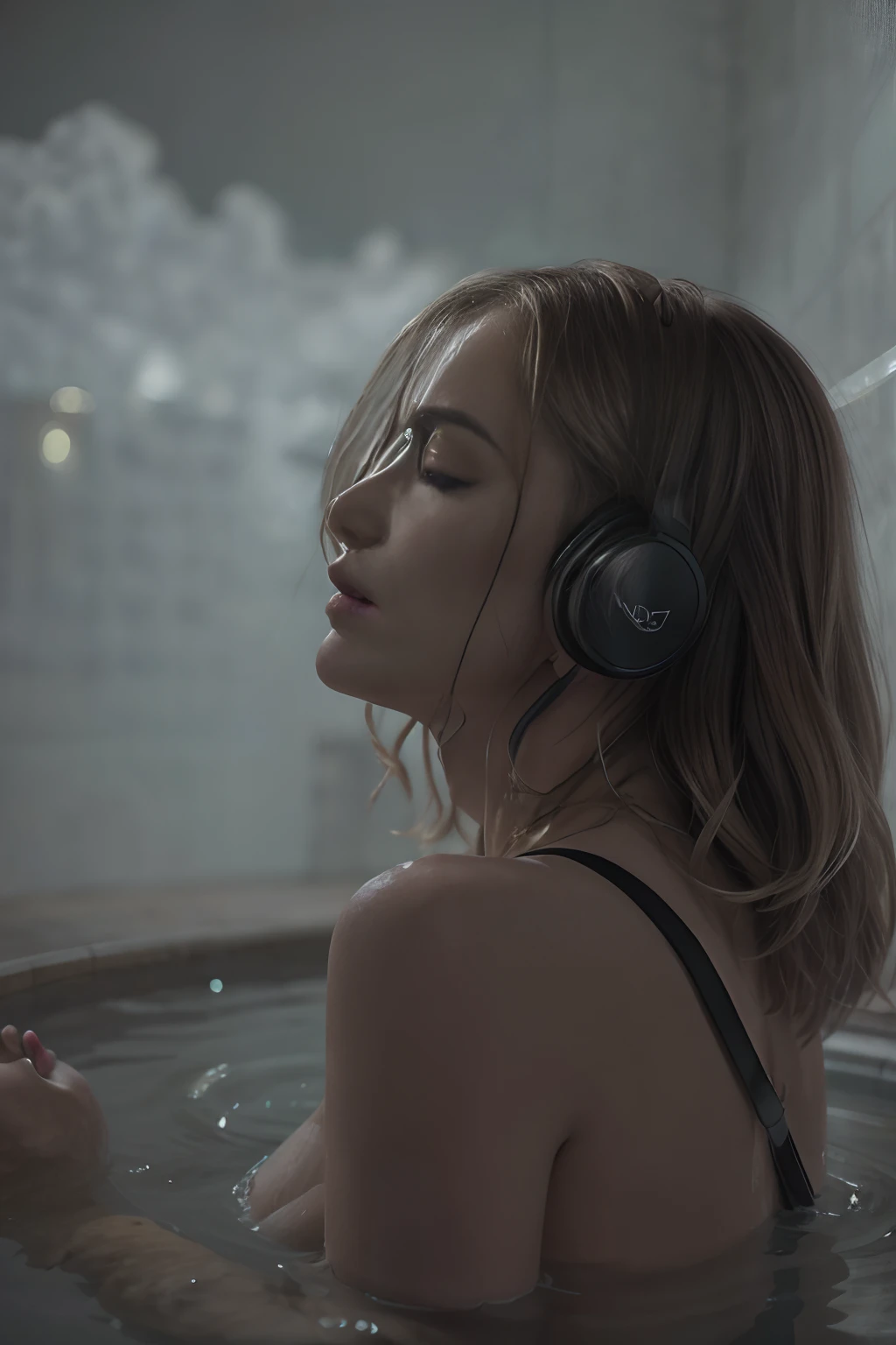 Ash blonde young bare woman with headphones soakin in the bath pond and looking out over a city, cinematic shot ar 9:16 -n 6 -g, realistic cinematic style, listening to music, cinematic feeling, music is life, audiophile, cinematic portrait, realistic cinematic,