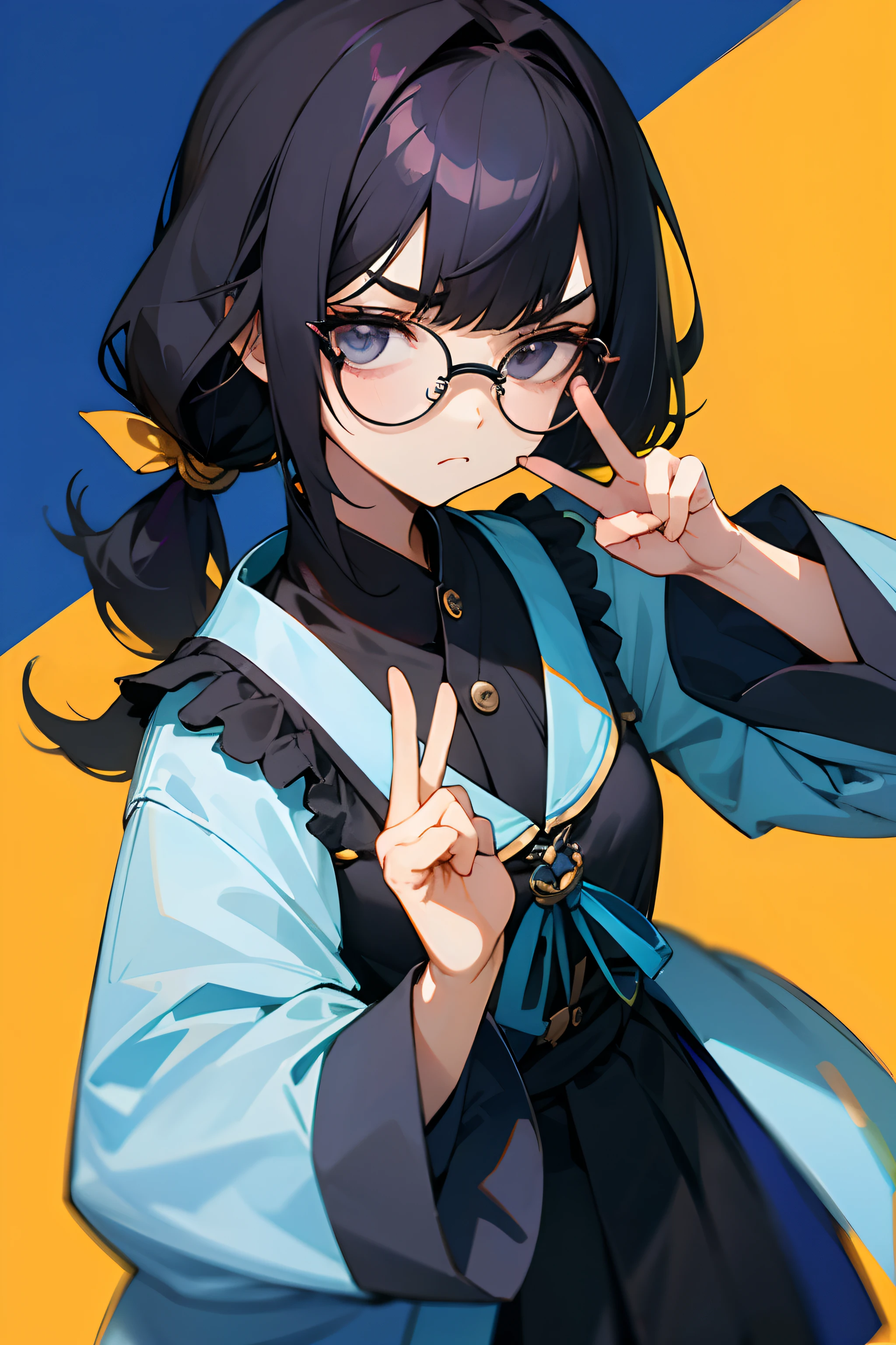 femele、A dark-haired、poneyTail、Straight face、wears glasses、Dissatisfied peace sign