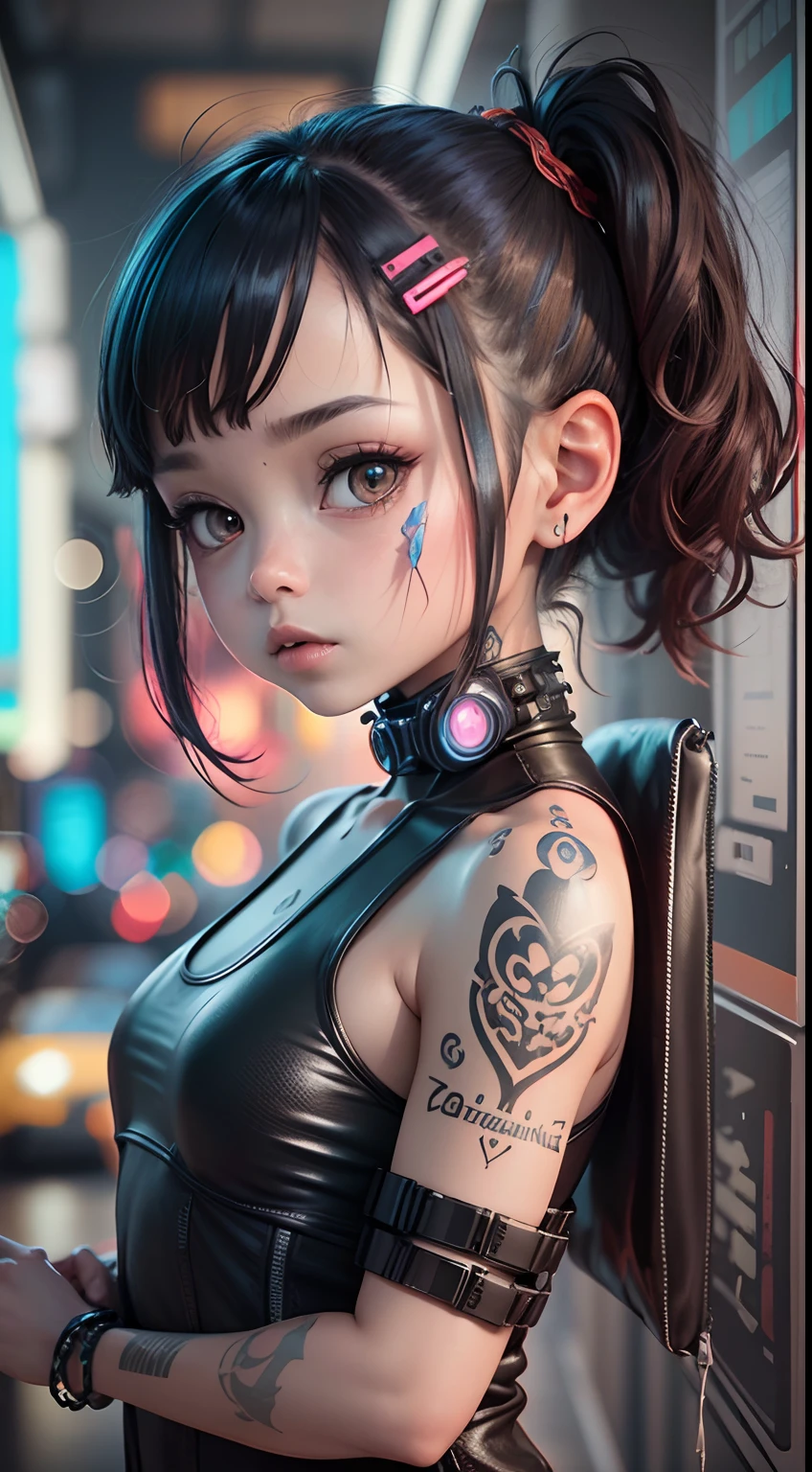 Extraordinary wide angle portrait microscopic unknown little cute cyberpunk alien species in orange tech fashion professional photography tech style, 8K HD, Adorable,Tattoo on the arm,Cute pattern,Neck tattoos