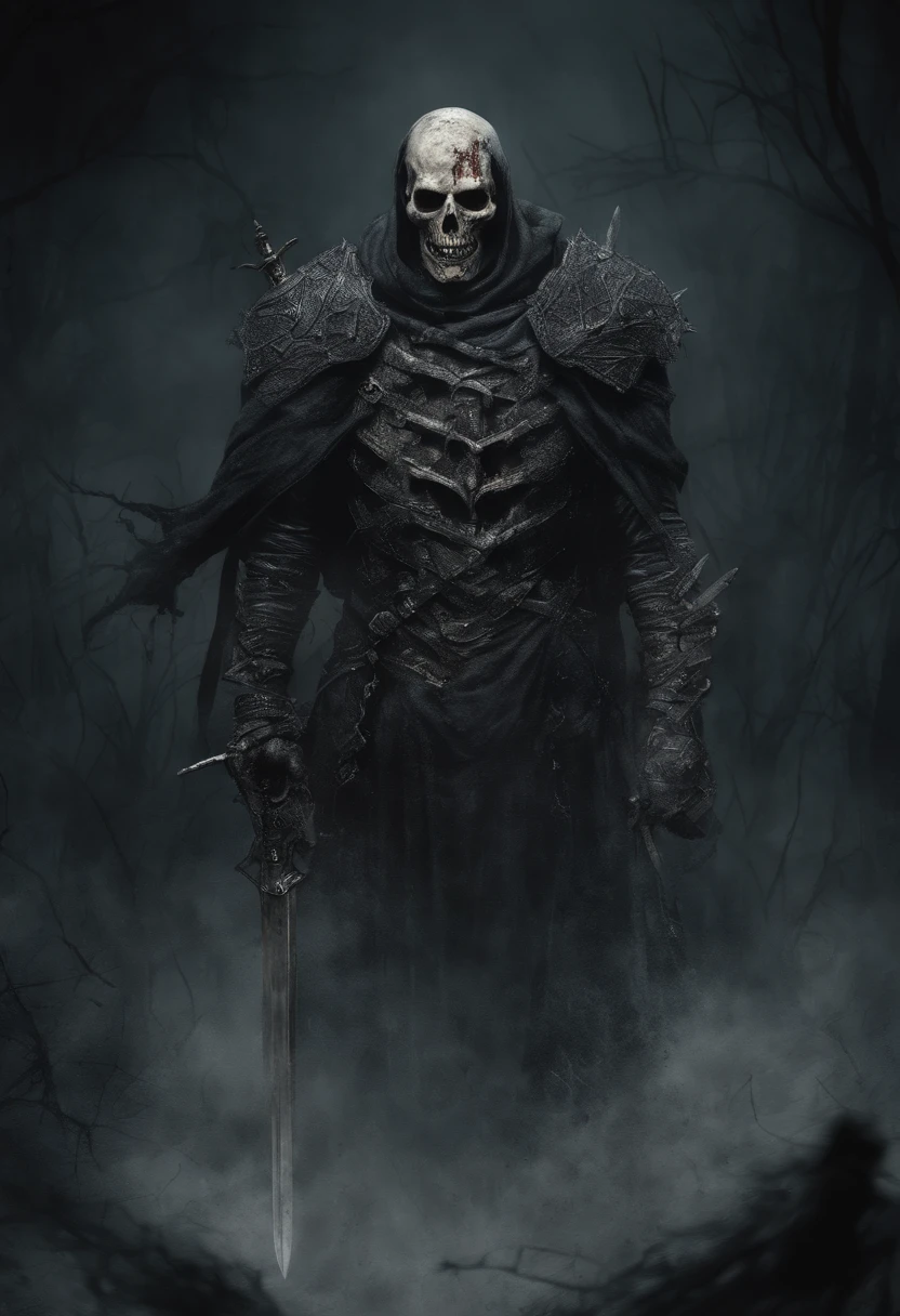 An undead paladin with a split jaw and empty eye sockets, gloomy atmosphere, rot