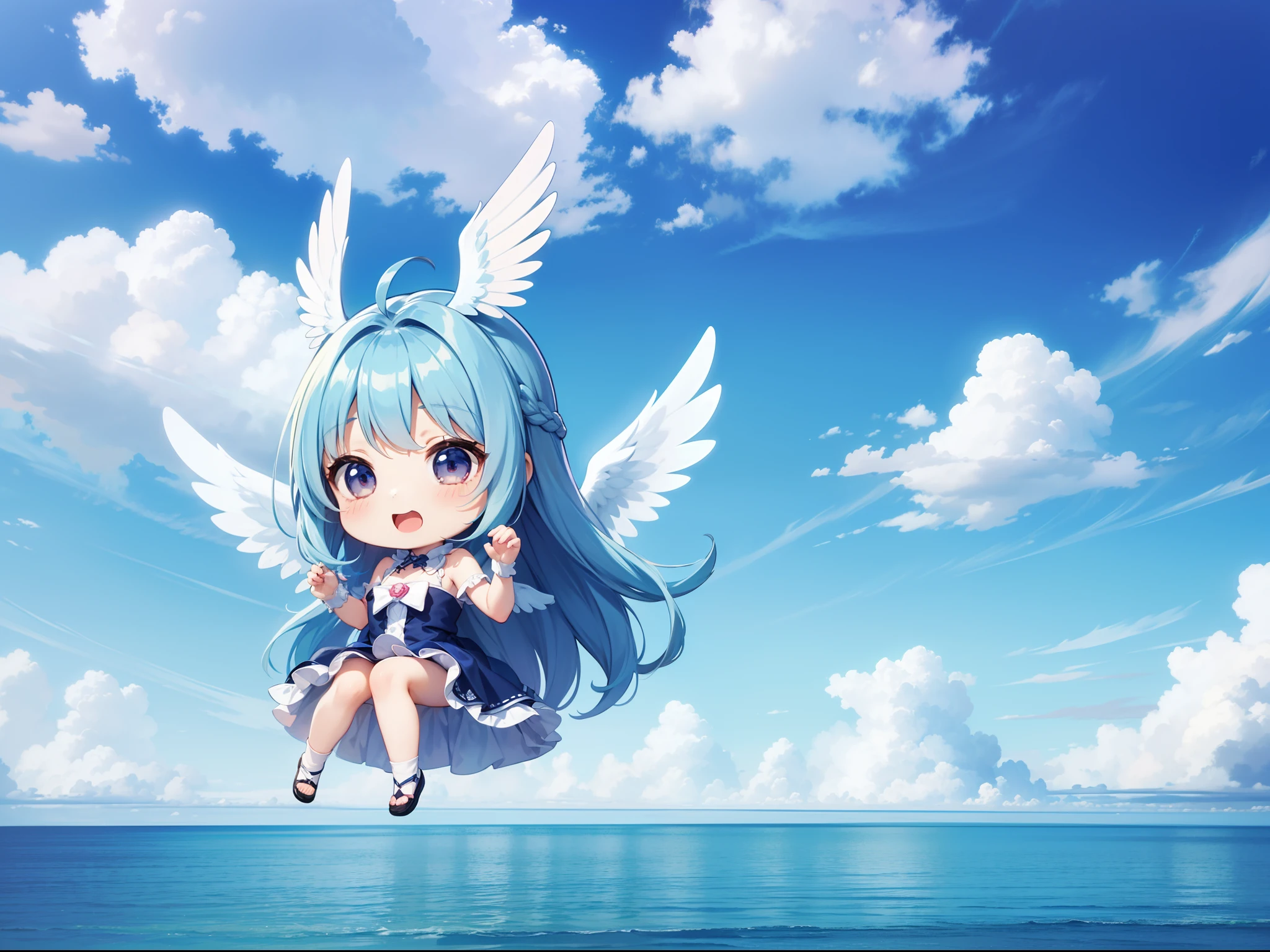 Two cute chibi characters With the Wings of an Angel、Visible flying in the sky。long hair with blue hair((Chibi Chara))、Fluffy、girl with、Chibi Chara、full body Esbian、Pastel colors hair、masutepiece、top-quality、Large in the center