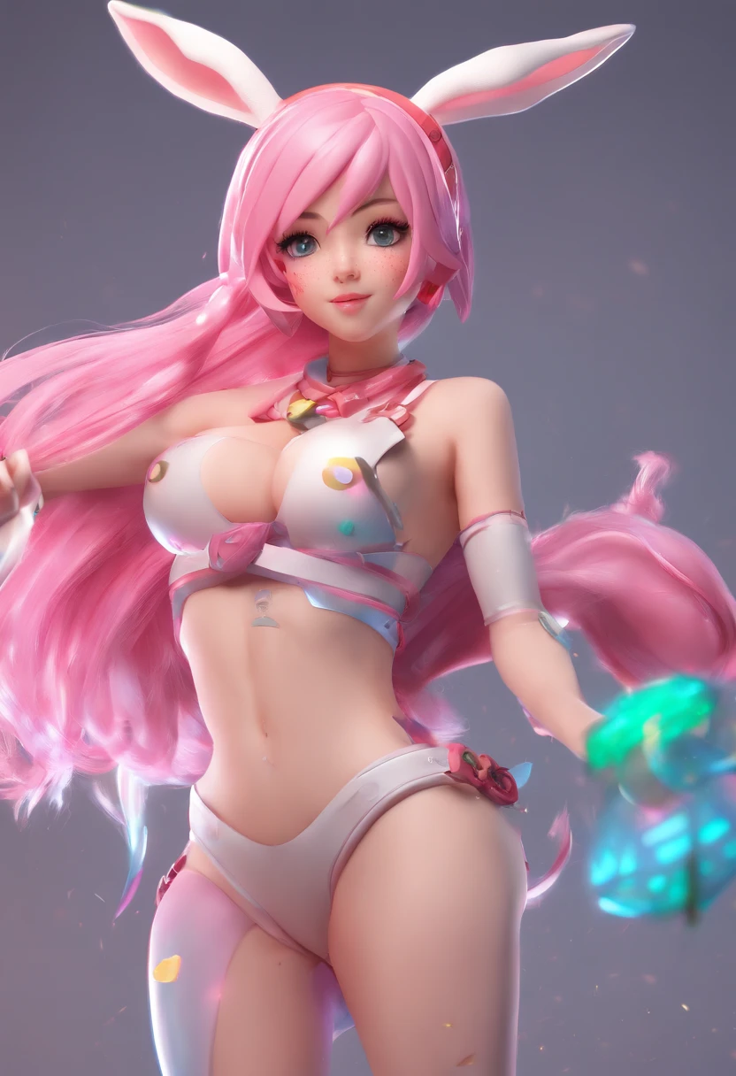 Cute sexy girl, Pink hair, A bunny girl, Ultra photo realsisim, Detailed lighting, anime big breast, Possessed ,gigantic cleavage breasts,strong muscle
