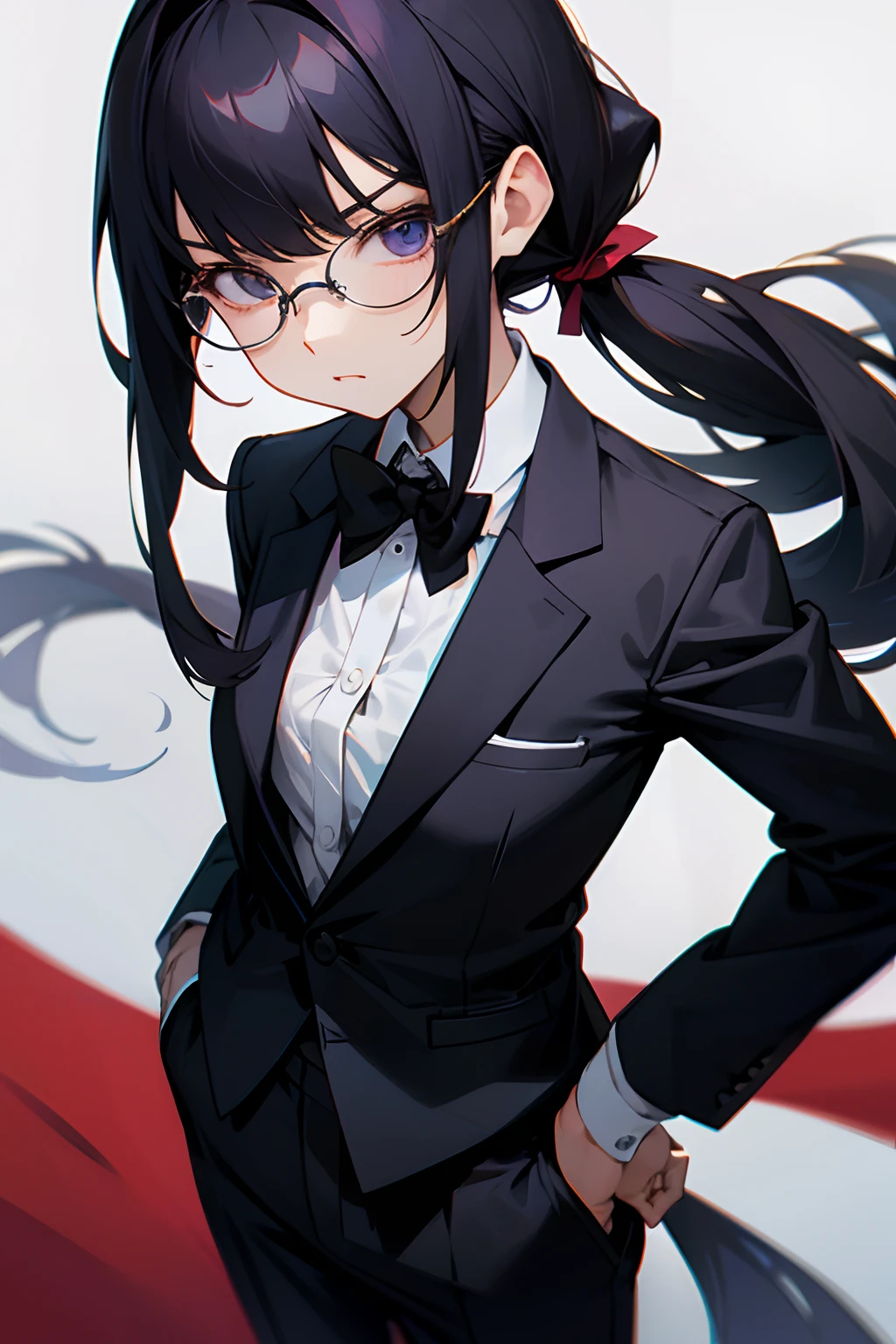 femele、A dark-haired、poneyTail、Straight face、wears glasses、suits、black trousers