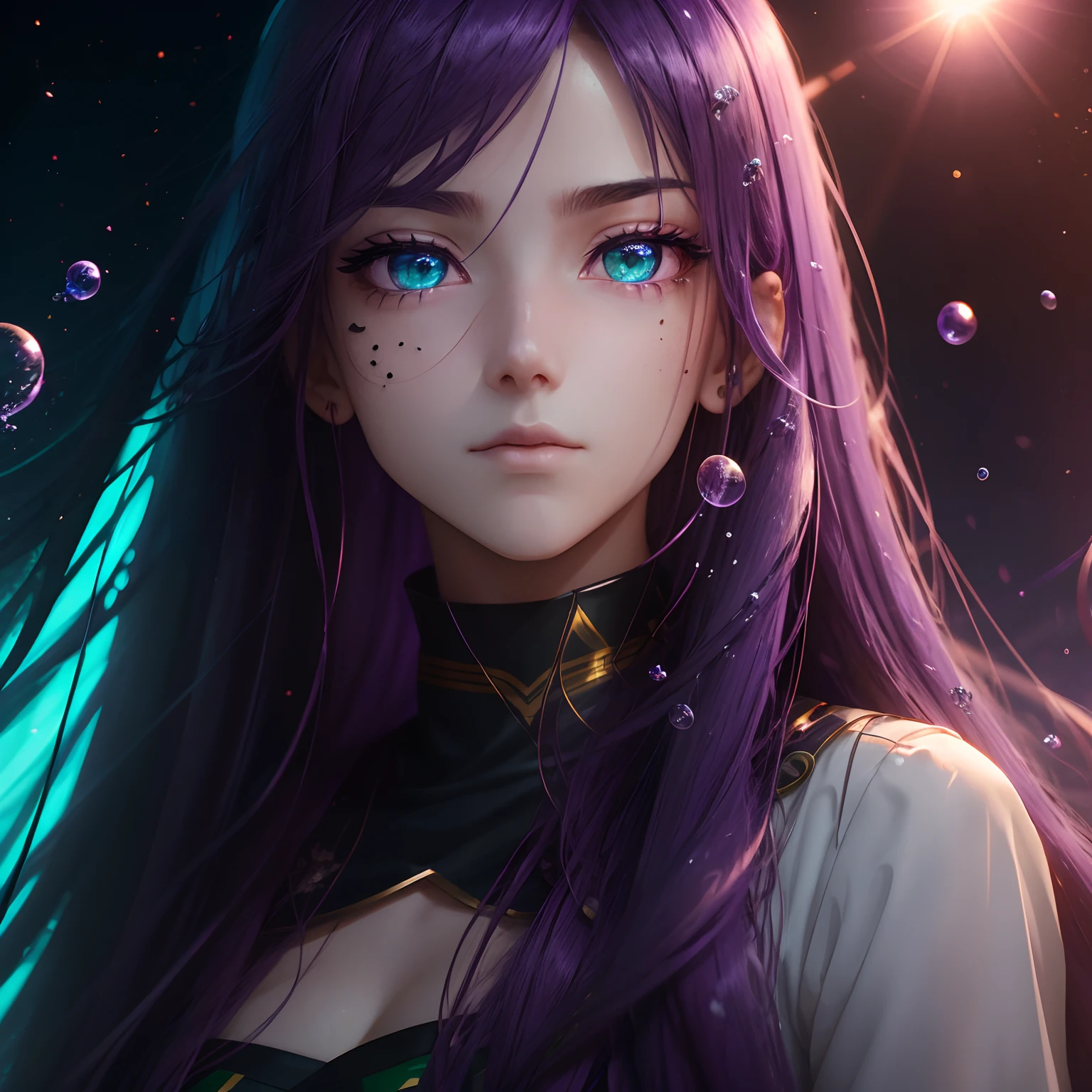 Long purple hair and some red, clear clear eyes, Hair strands, wind blown hair, Moles in the left and right corners of the eyes, green pupils, Clean face, Chewing foam with bubble gum, Jellyfish-like eyes, Contact lenses with stars, high detailing, Anime, Modern, Anime style, Cinematic lighting, Ray tracing, close-up, high detailing, Top image quality, 8K