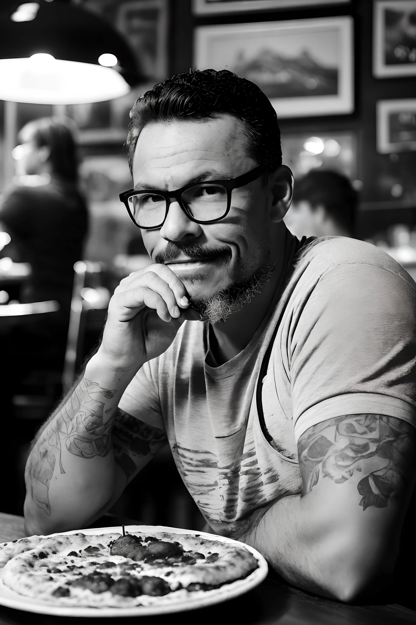guttonerdvision10, Imagine a black and white professional photograph for a magazine cover depicting a 1950s Italian trattoria. In the foreground, there's a man with intricately detailed and sharp facial features, wearing glasses and showcasing subtly confident smile. He has elaborately tattooed arms. This man is facing directly towards the viewer, engaged in enjoying a pepperoni pizza and sipping from a glass of red wine placed on his table. The background of the scene is softly blurred, emphasizing the man. The style should evoke influences from Brian Froud, Carne Griffiths, and Wadim Kashin, with intricate background details. Apply the 60-30-10 color rule, focusing on cool tones to create a sense of fear and mystery.