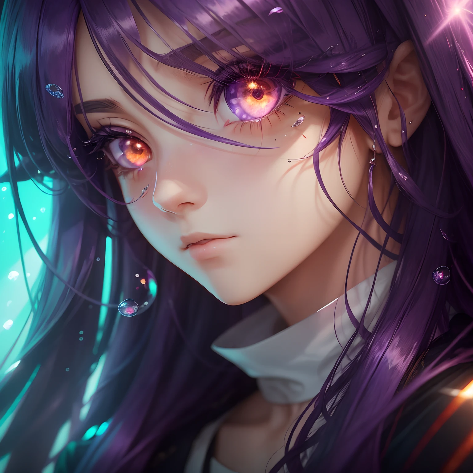 Long purple hair and some red, clear clear eyes, Hair strands, wind blown hair, Moles in the left and right corners of the eyes, green pupils, Clean face, Chewing foam with bubble gum, Jellyfish-like eyes, Contact lenses with stars, high detailing, Anime, Modern, Anime style, Cinematic lighting, Ray tracing, close-up, high detailing, Top image quality, 8K