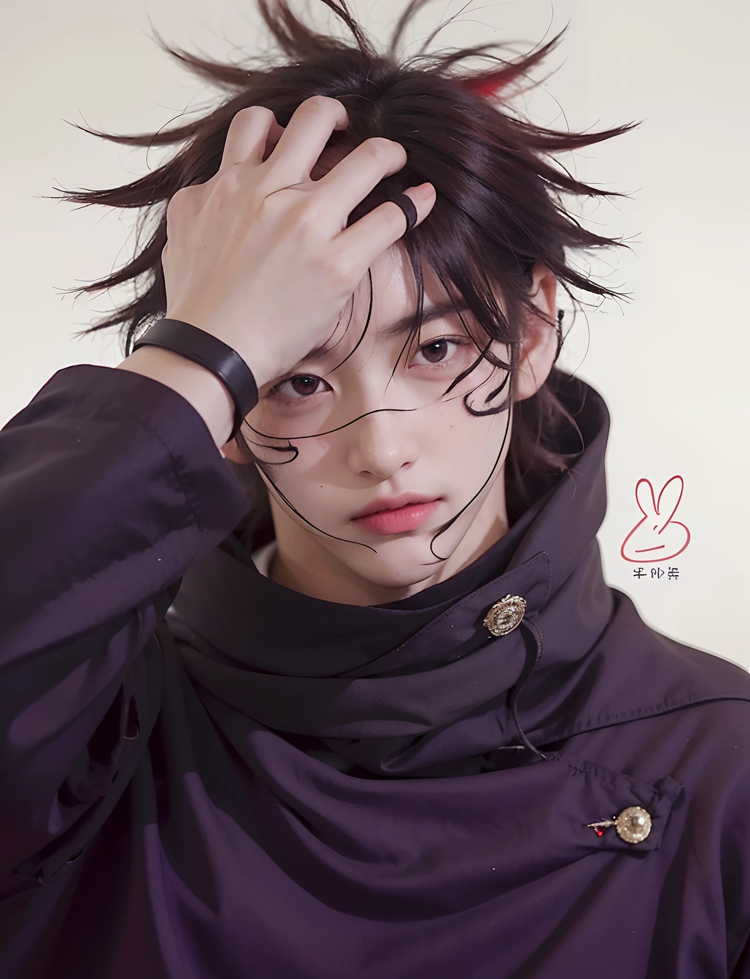 1man, megumi fushiguro, real life adaption of this character, Korean handsome face,realistic outfit,detailed light red eyes,realistic Messy white hair,realistic background,hyper realistic,realism,realistic light, realistic shadow,(photorealistic:1.2), looking to viewer, realistic tattoos, perfect finger, auto repair picture