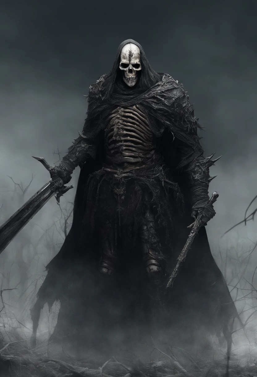 An undead paladin with a split jaw and empty eye sockets, gloomy atmosphere, rot