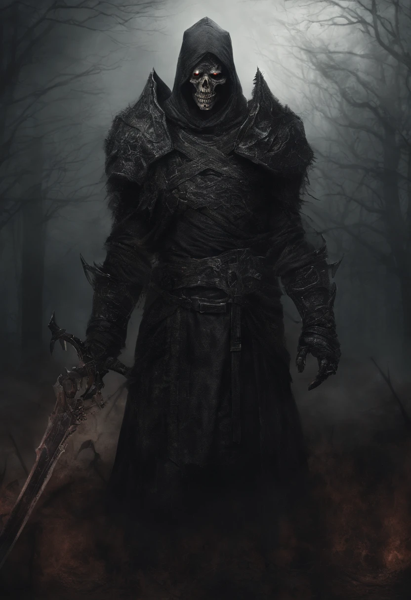 An undead paladin with a split jaw and empty eye sockets, gloomy atmosphere, rot