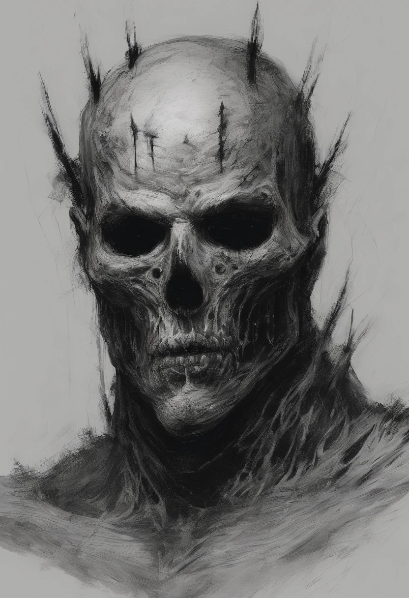 An undead paladin with a split jaw and empty eye sockets, gloomy atmosphere, rot