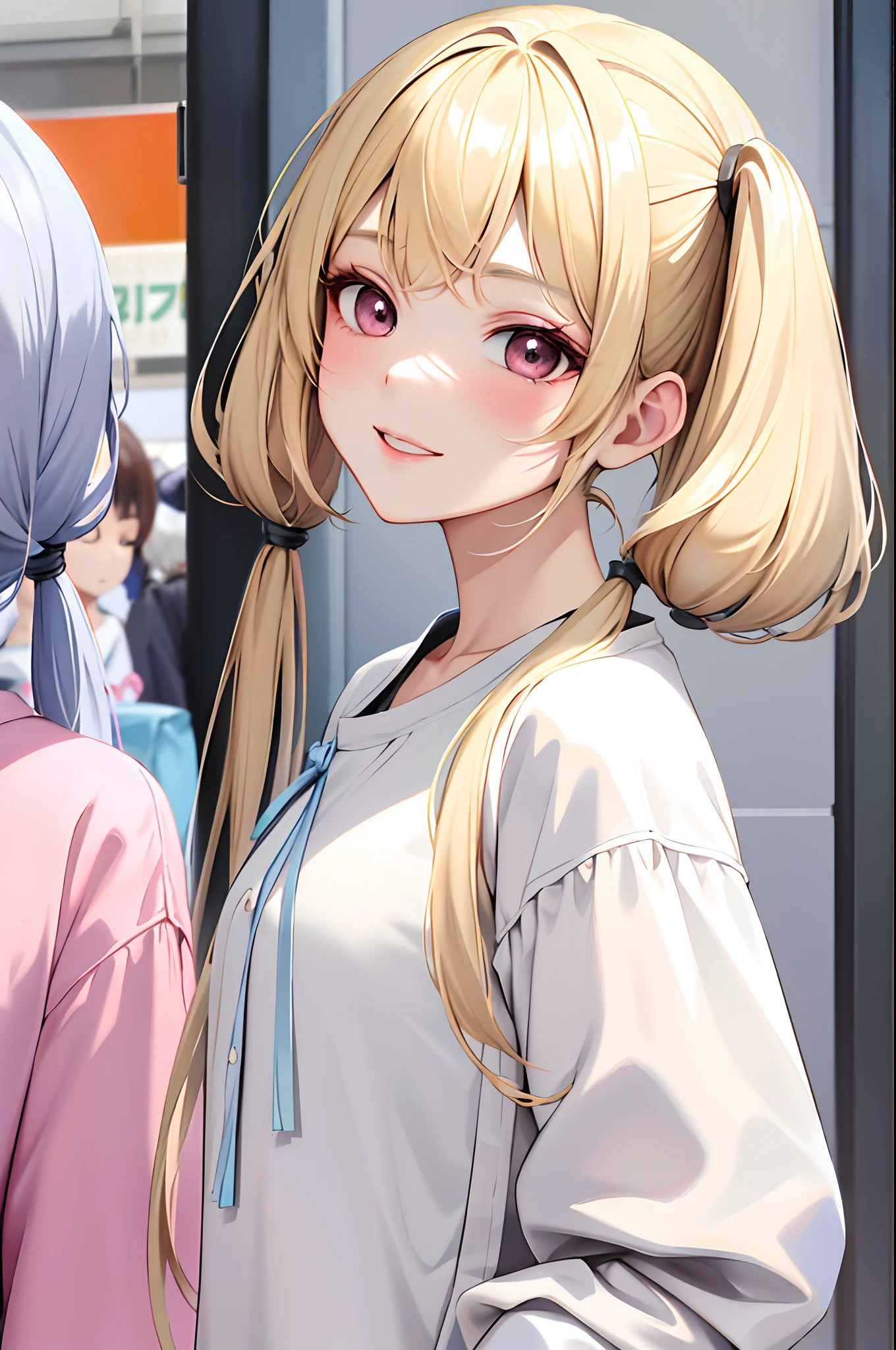 Absurdres, Masterpiece, Best quality, light colors, pastel colors, korean girl with Beautiful face , blonde twin tails hair with side bangs, doll eyes, happy face, casual clothes, market background, detailed background
